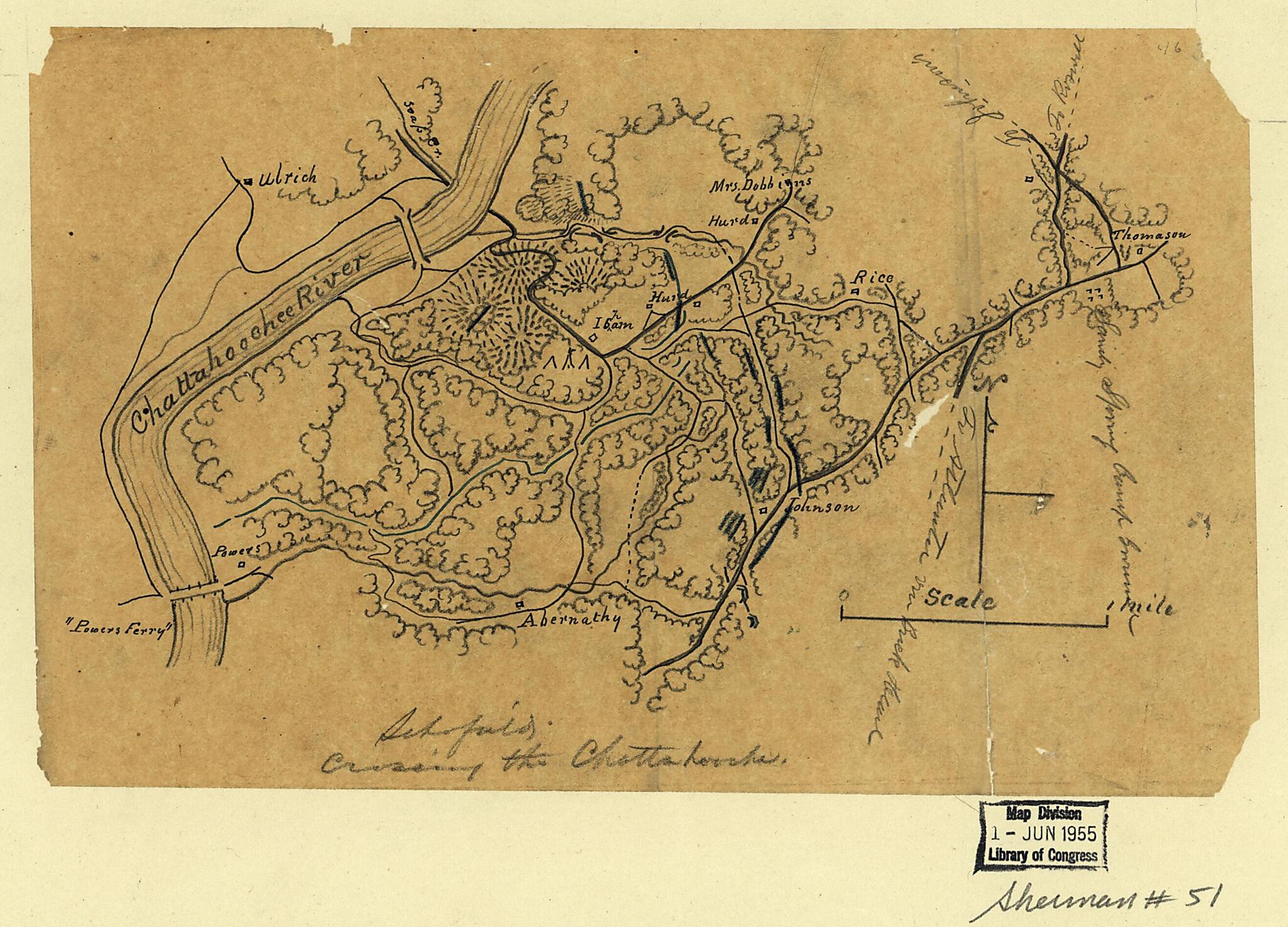 This old map of Schofield Crossing the Chattahooche sic. (Schofield Crossing the Chattahoochee) from 1864 was created by in 1864