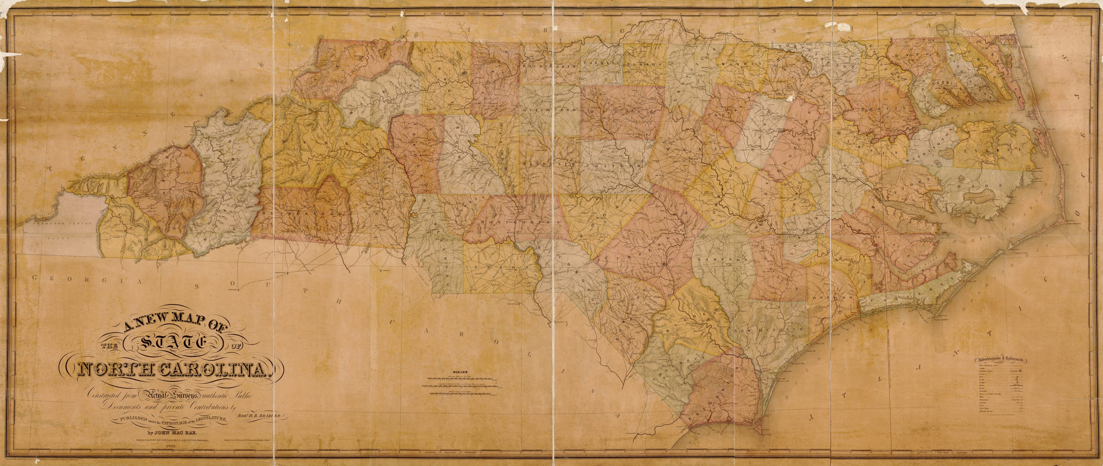 This old map of A New Map of the State of North Carolina from 1833 was created by Robert H. B. Brazier in 1833
