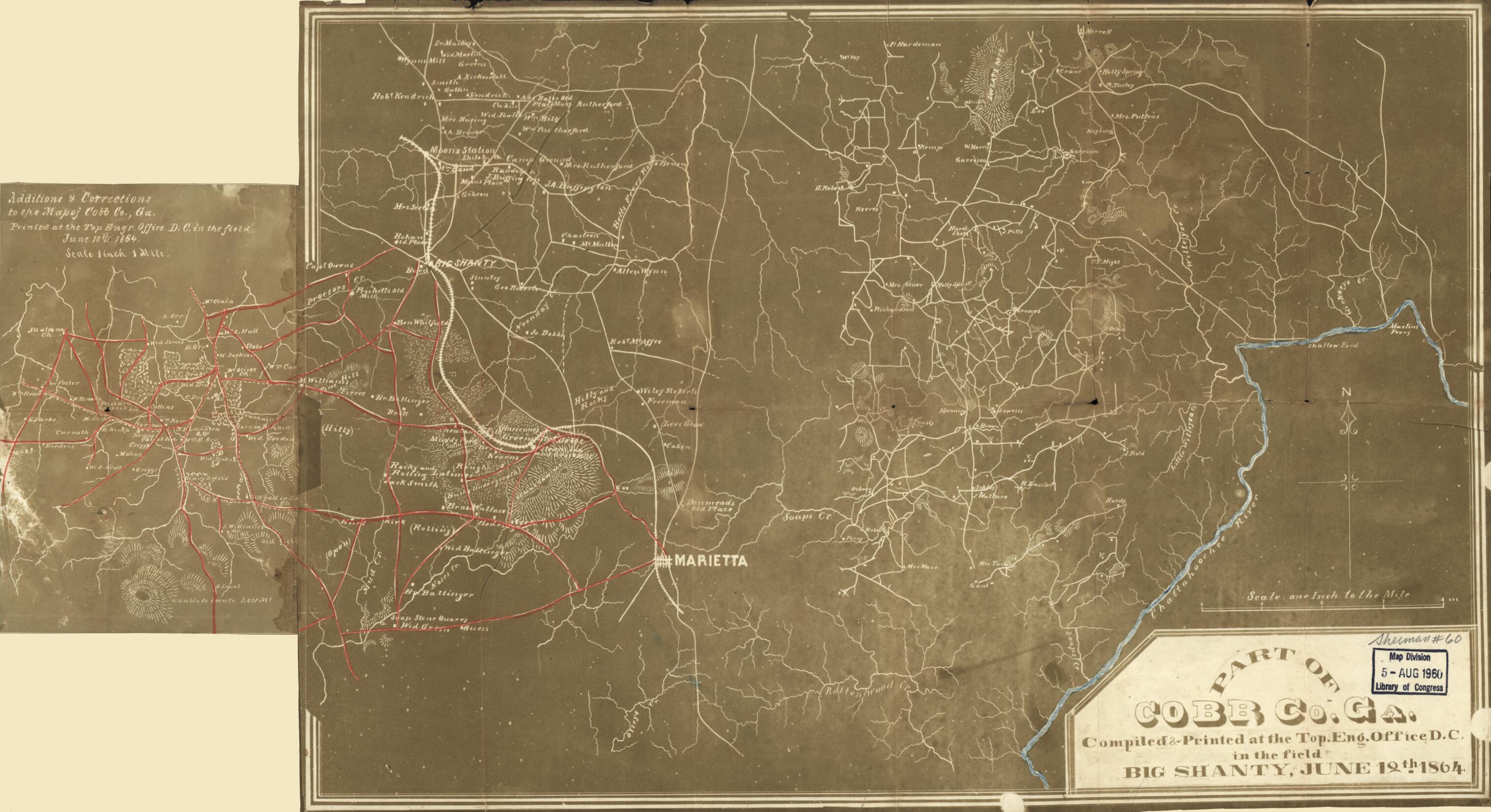 This old map of Part of Cobb Co., Georgia (Part of Cobb County, Georgia, Additions & Corrections to the Map of Cobb Co. Ga., Printed at the Top. Engr. Office, D.C., In the Field, June 10th, from 1864, Map of Cobb Co., Ga) was created by United States. A
