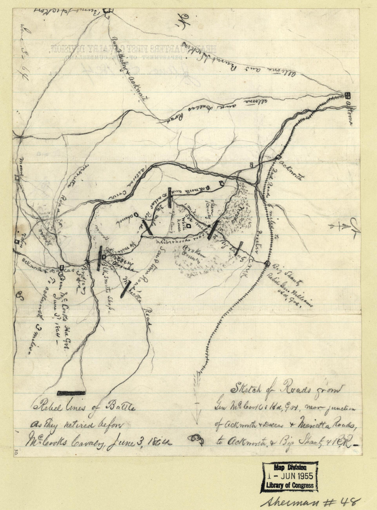 Sketch of Roads from Gen. McCooks Hd. Qrs. Near Junction of Ackworth & Dallas & Marietta Roads, to Ackworth & Big Shanty & R.R. : Rebel Lines of Battle As They Retired Before McCooks Cavalry, June 3, 1864 by Relic Map Company
