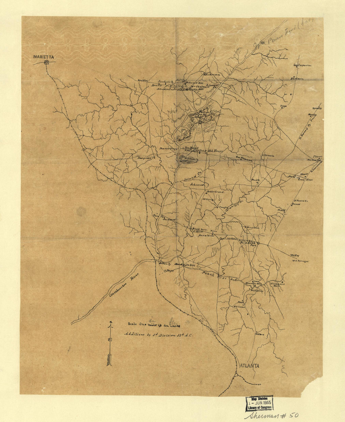 This old map of Map of Part of the Counties of Fulton and Cobb, Georgia, Showing Fortifications On the Chattahoochee River at Isoms Ford and Phillips Ferry from 1864 was created by in 1864