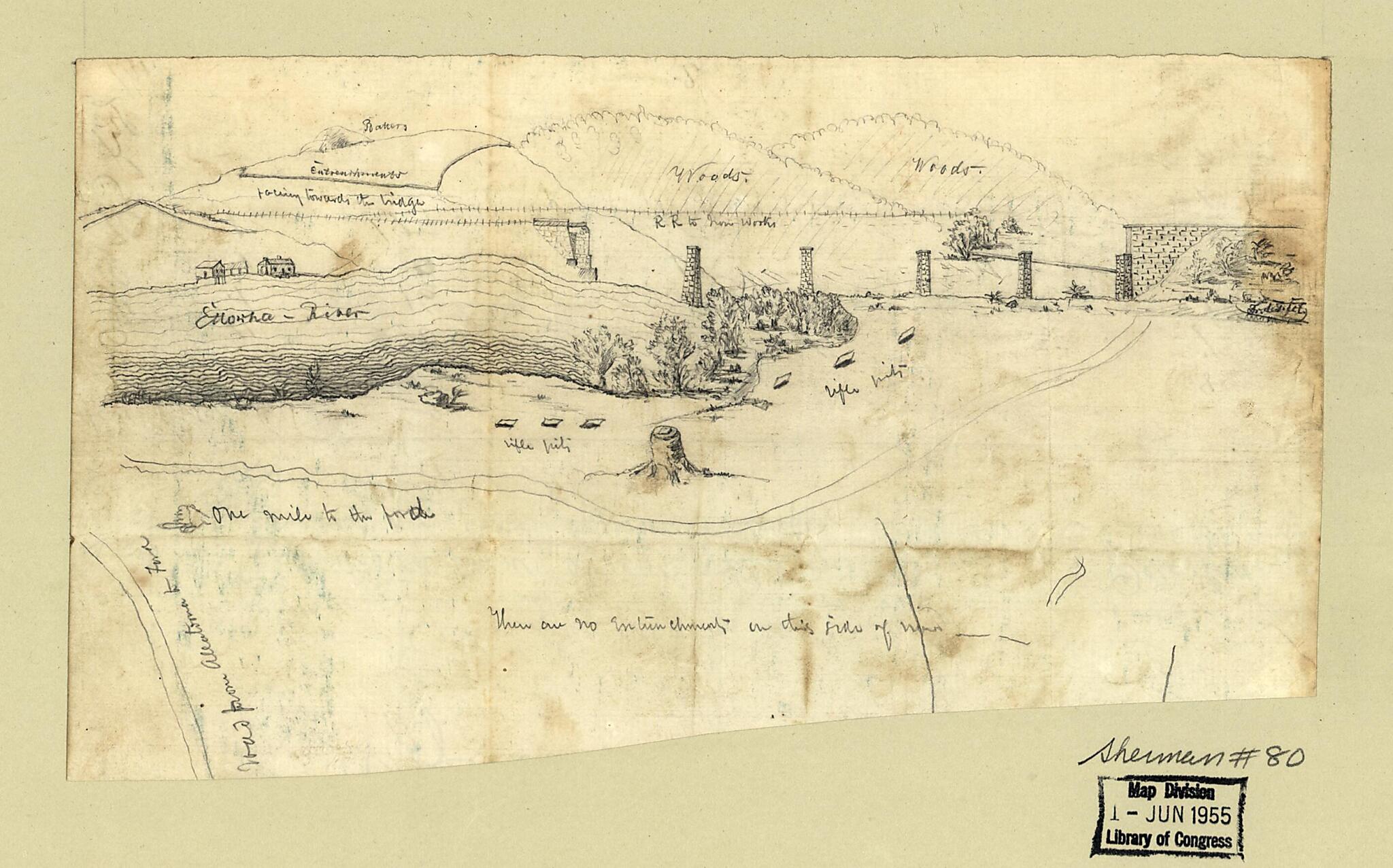 This old map of View of Fortifications Near the Ruins of the Western and Atlantic Railroad Bridge Across the Etowah River In Georgia from 1864 was created by in 1864