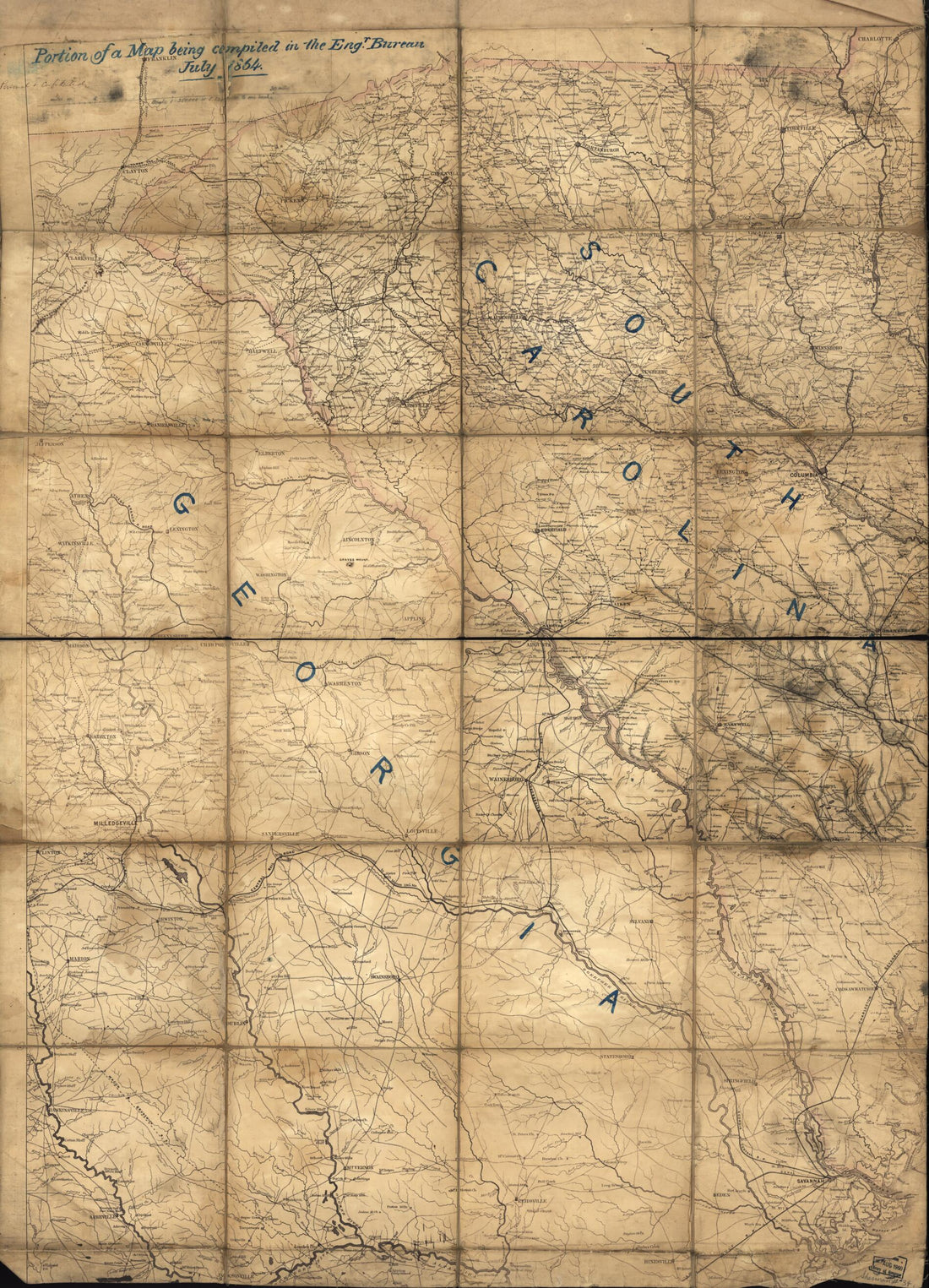 This old map of Portion of a Map Being Compiled In the Engr. Bureau, July from 1864 : eastern Georgia and Western South Carolina was created by United States. Army. Corps of Topographical Engineers in 1864