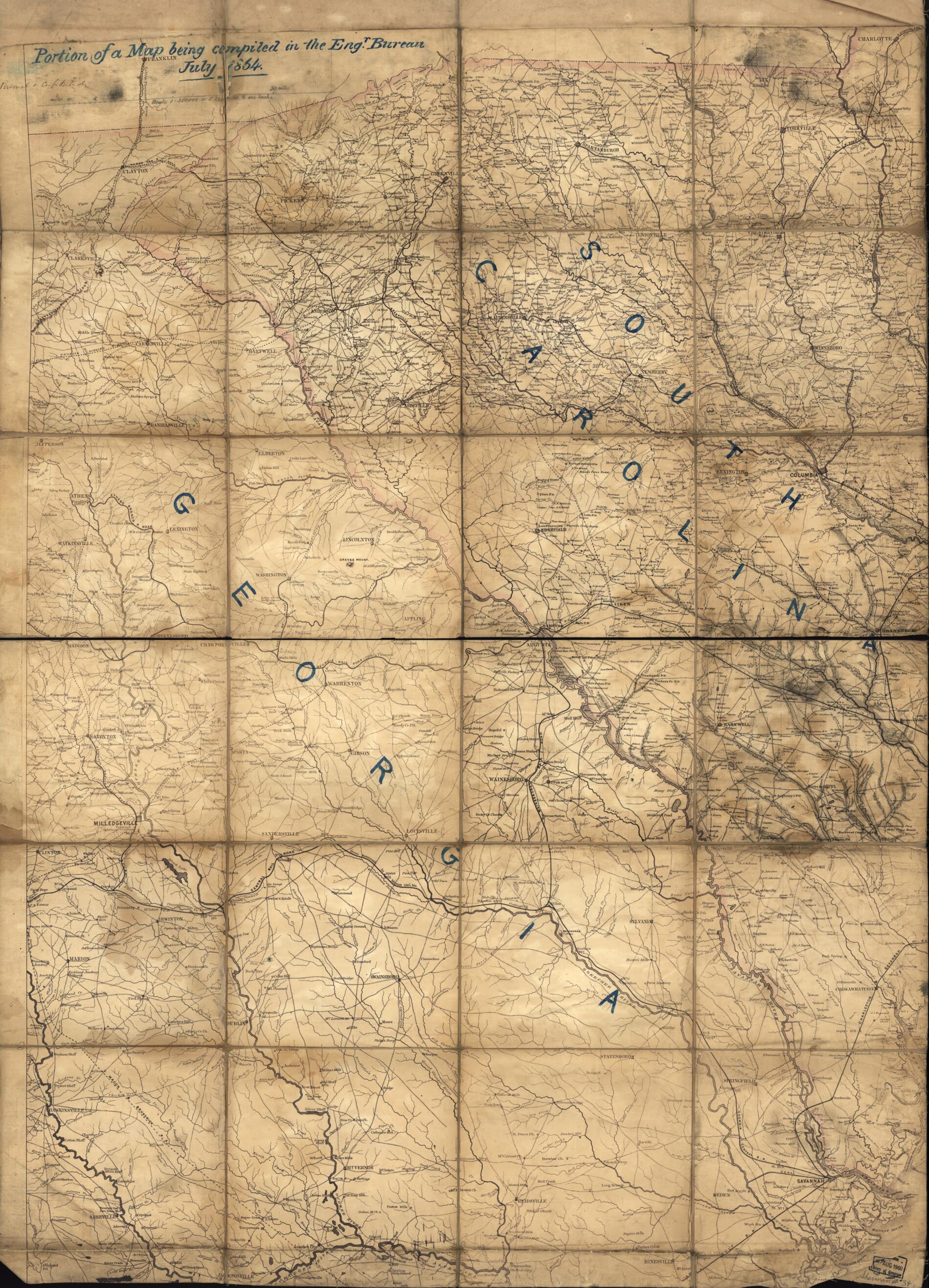 This old map of Portion of a Map Being Compiled In the Engr. Bureau, July from 1864 : eastern Georgia and Western South Carolina was created by United States. Army. Corps of Topographical Engineers in 1864