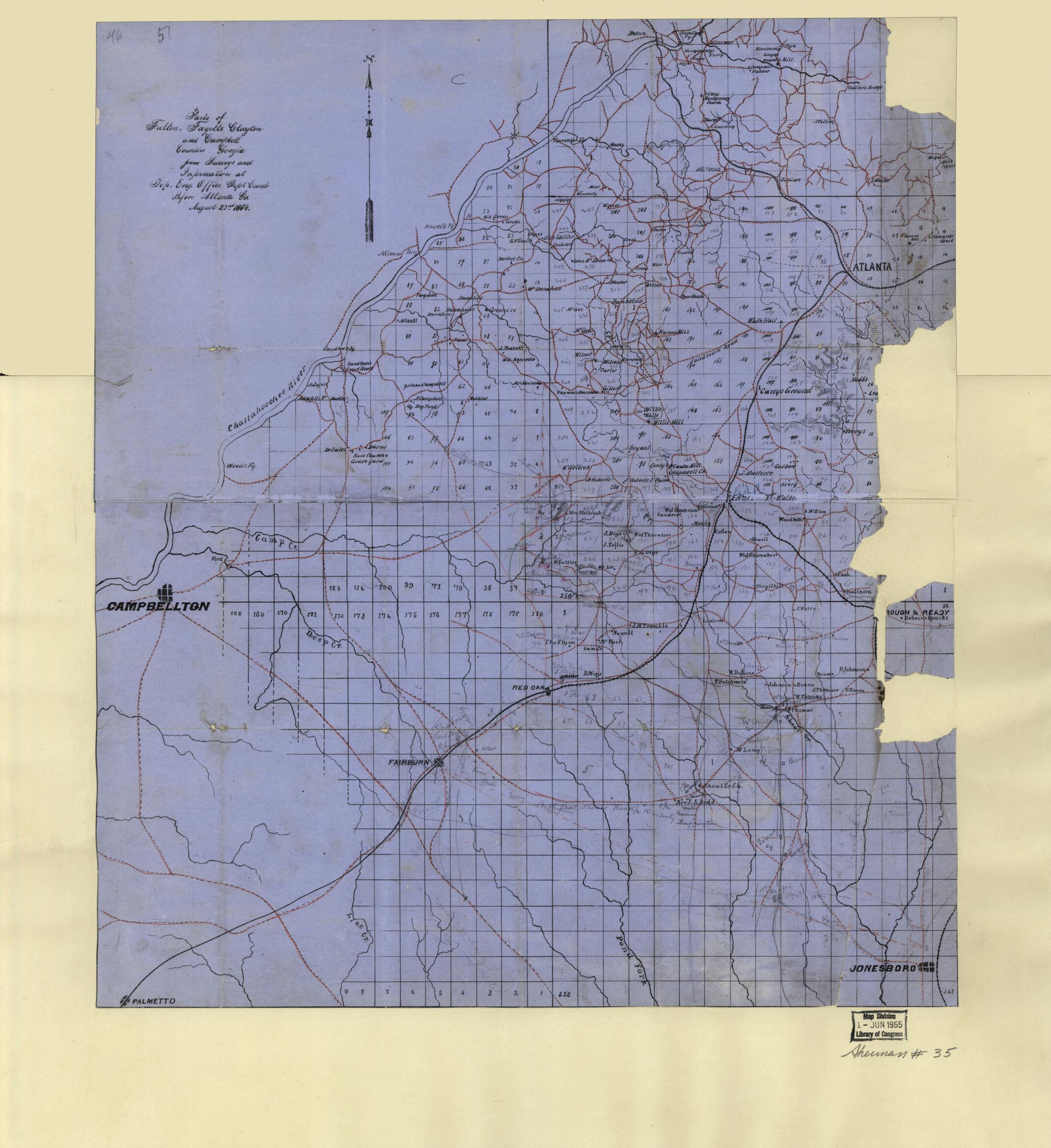 This old map of Parts of Fulton, Fayette, Clayton, and Campbell Counties, Georgia from 1864 was created by United States. Army. Department of the Cumberland. Topographical Engineers in 1864
