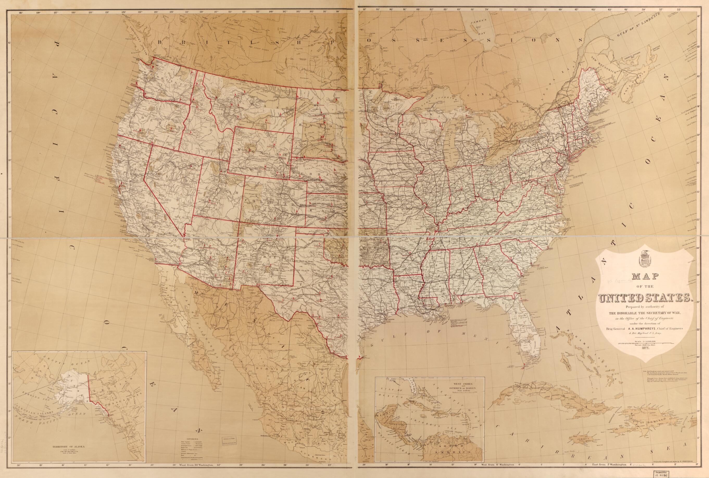 This old map of Map of the United States from 1877 was created by Edward Freyhold, A. A. (Andrew Atkinson) Humphreys, United States. War Department. Office of the Chief of Engineers in 1877