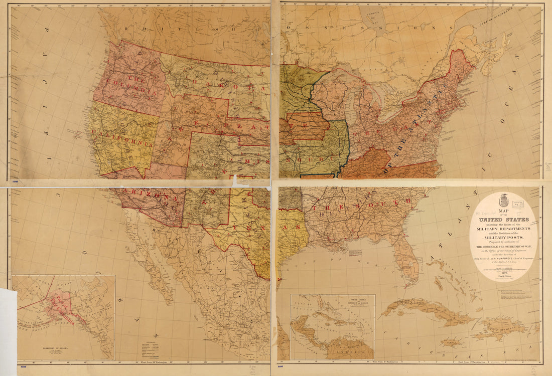 This old map of Map of the United States Showing the Limits of the Military Departments and the Positions of the Military Posts from 1877 was created by Edward Freyhold, A. A. (Andrew Atkinson) Humphreys, United States. War Department. Office of the Chi