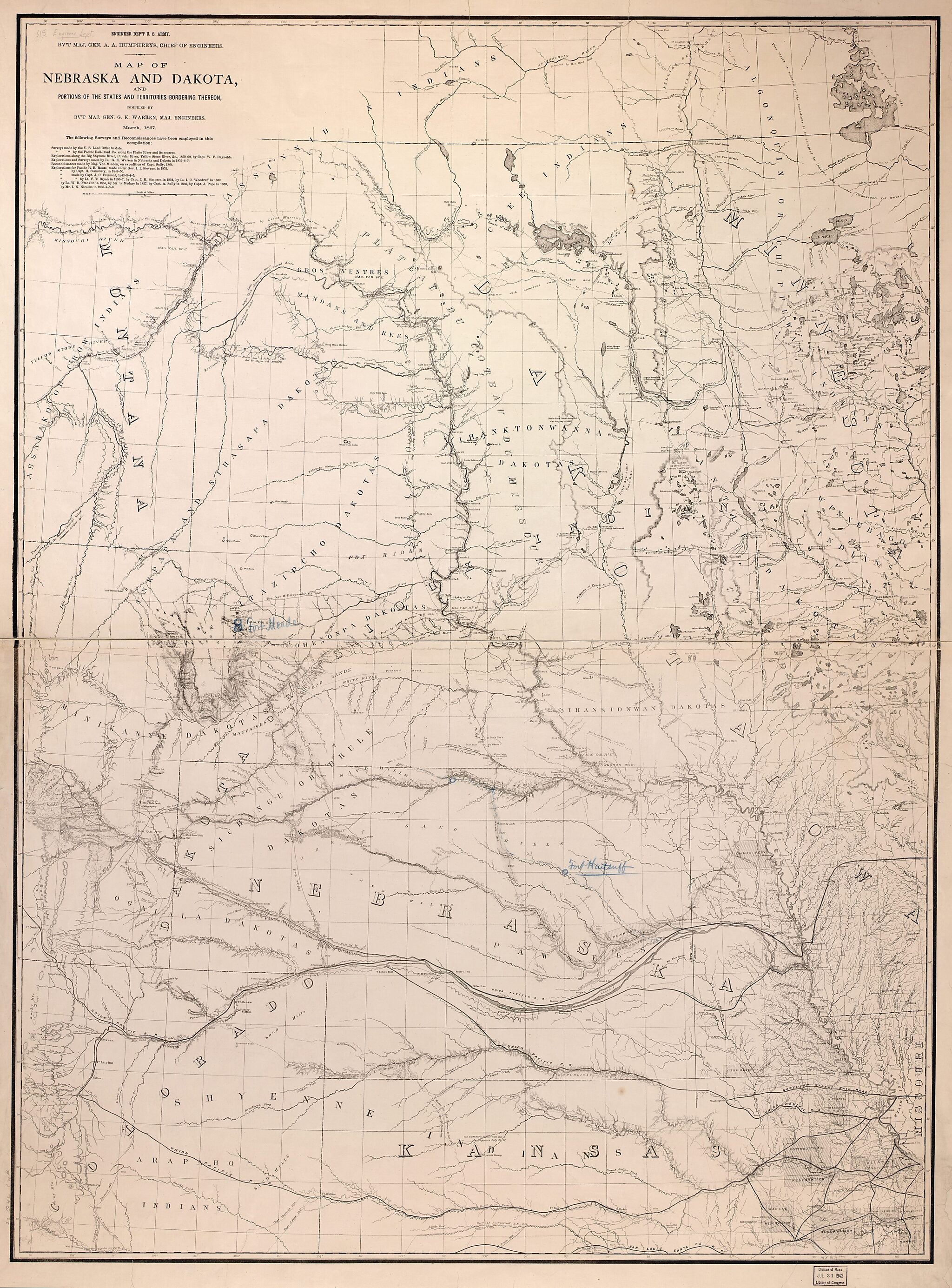 This old map of Map of Nebraska and Dakota and Portions of the States and Territories Bordering Thereon from 1867 was created by United States. Army. Corps of Engineers, G. K. (Gouverneur Kemble) Warren in 1867