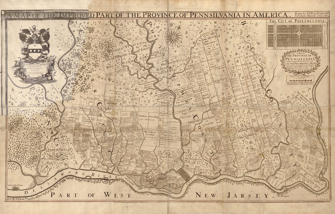 This old map of A Map of the Improved Part of the Province of Pennsilvania In America : Begun by Wil. Penn, Proprietary & Governour Thereof Anno 1681 (Map of the Province of Pennsilvania Containing the Three Countyes of Chester, Philadelphia & Bucks :) f