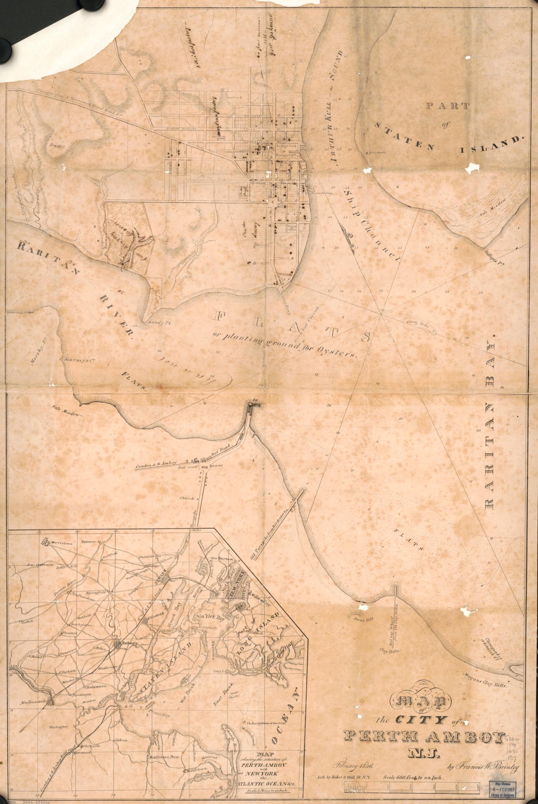 This old map of Map of the City of Perth Amboy, New Jersey : February from 1836 was created by N.Y.) Baker (Lithographer : New York, Francis W. Brinley in 1836