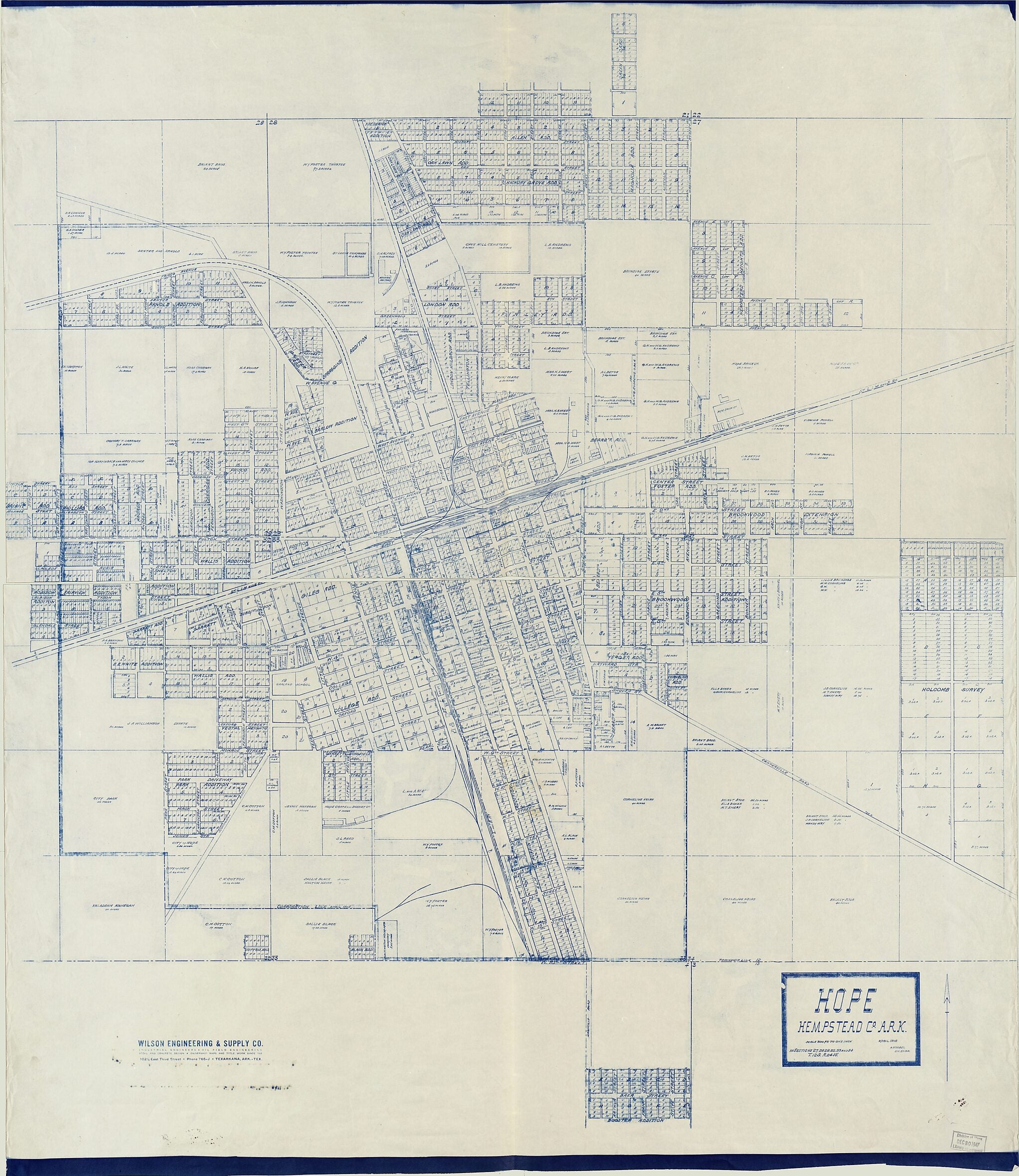 This old map of Hope, Hempstead County,Arkansas from 1916 was created by G. Knobel, Wilson Engineering & Supply Co in 1916