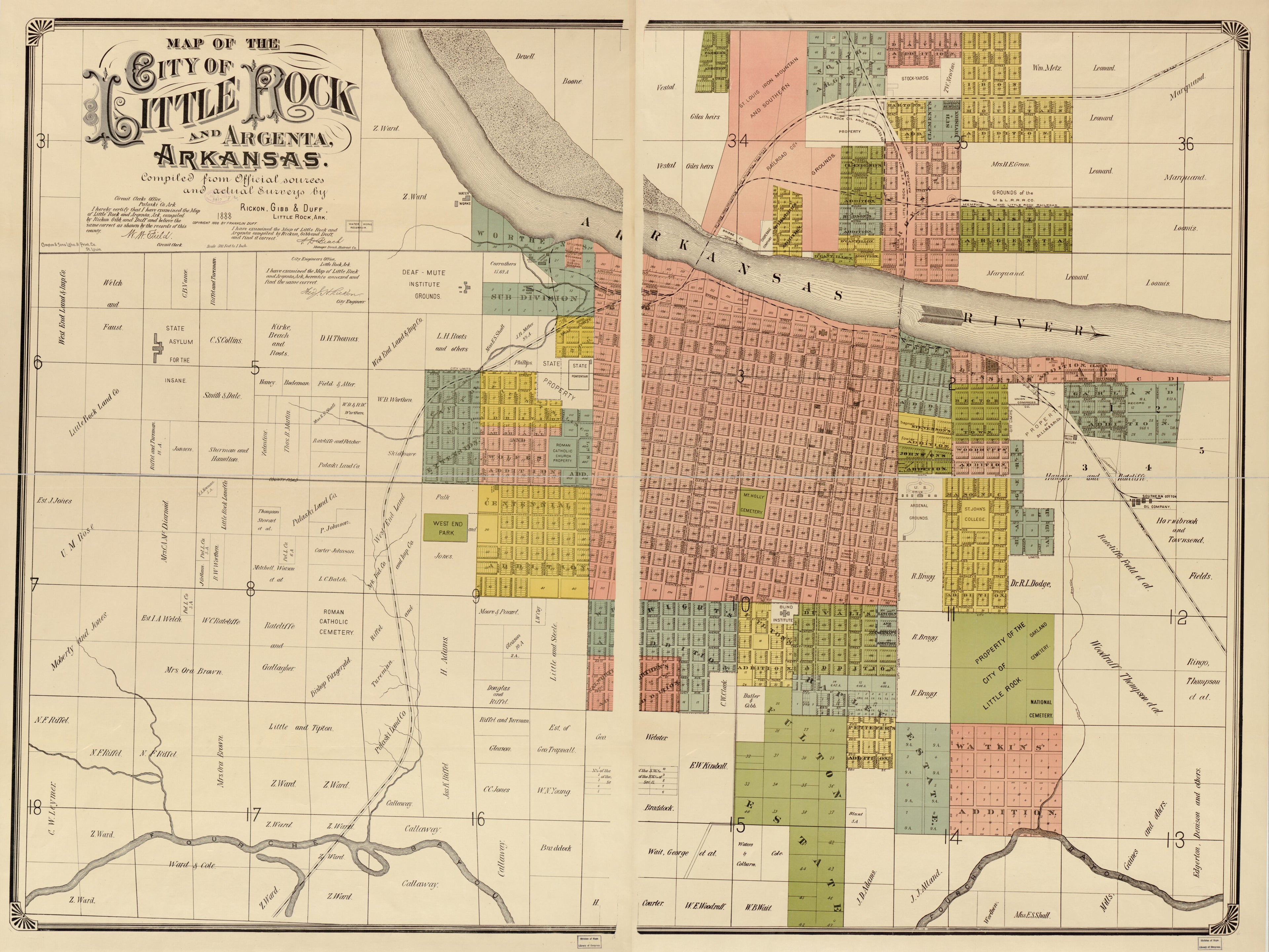 This old map of Map of the City of Little Rock and Argenta, Arkansas : Compiled from Official Sources and Actual Surveys from 1888 was created by Gibb & Duff Rickon in 1888