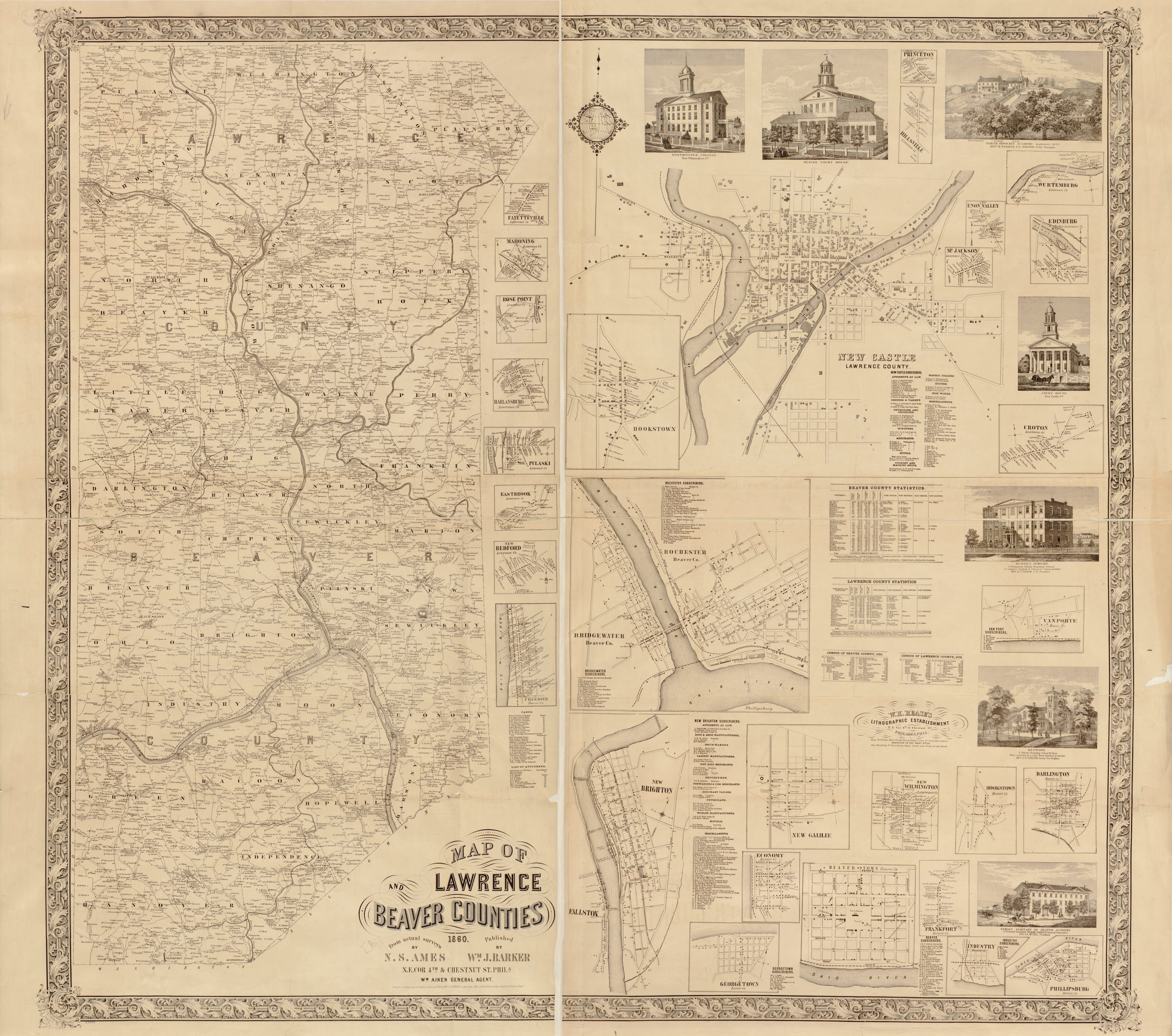 Map of Lawrence and Beaver Counties in 1860 by Relic Map Company