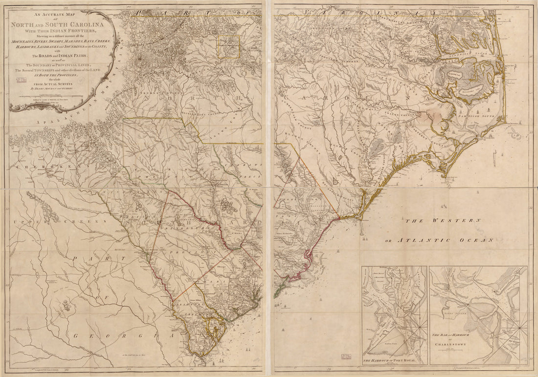 This old map of An Accurate Map of North and South Carolina With Their Indian Frontier, Shewing In a Distinct Manner All the Mountains, Rivers, Swamps, Arshes, Bays, Creeks, Harbours, Sandbanks and Soundings On the Coasts With the Roads and Indian Paths