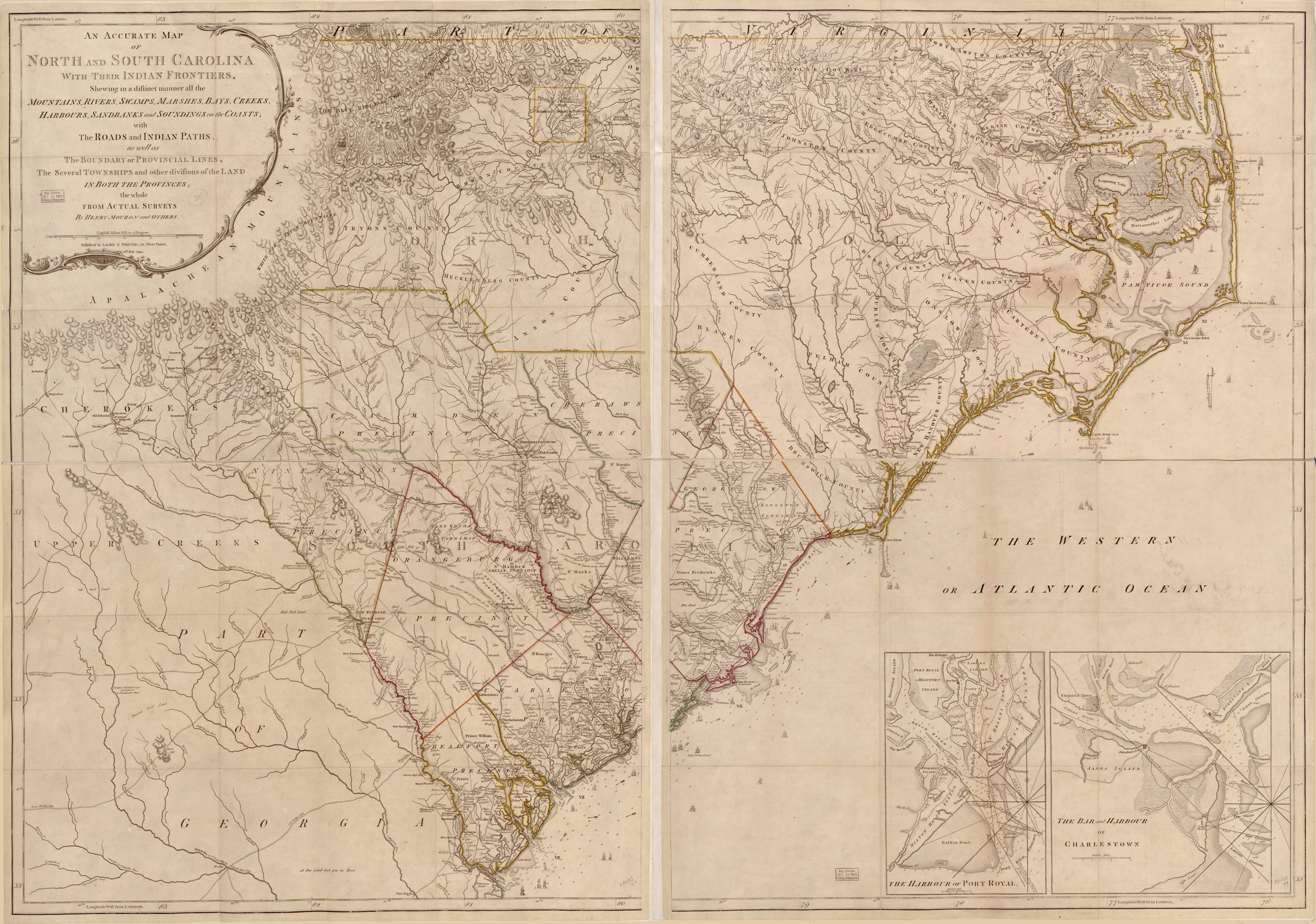 This old map of An Accurate Map of North and South Carolina With Their Indian Frontier, Shewing In a Distinct Manner All the Mountains, Rivers, Swamps, Arshes, Bays, Creeks, Harbours, Sandbanks and Soundings On the Coasts With the Roads and Indian Paths