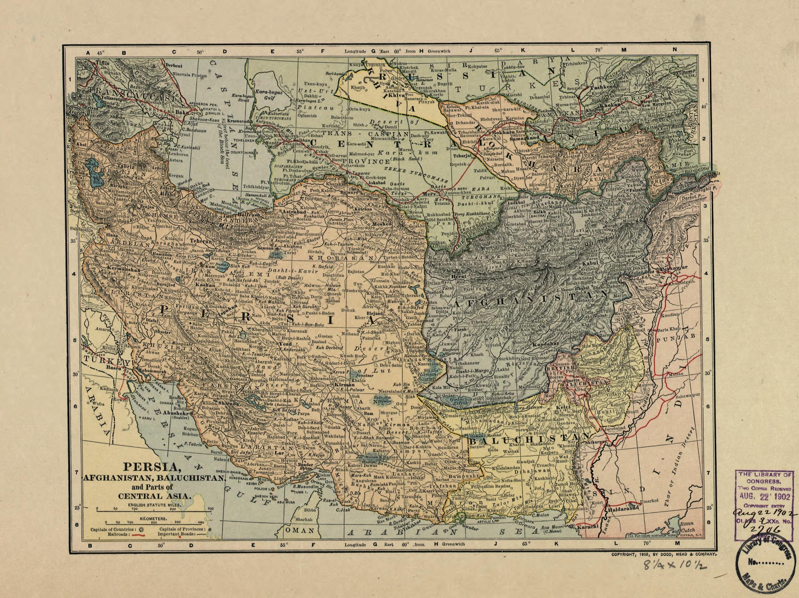 This old map of Persia, Afghanistan, Baluchistan and Parts of Central Asia from 1902 was created by Mead & Company Dodd in 1902