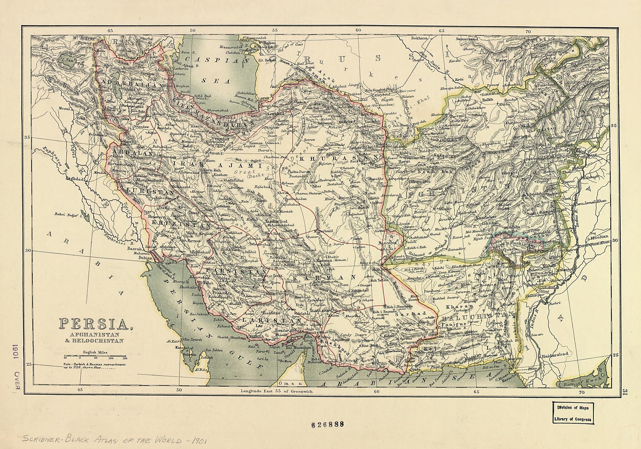 This old map of Persia, Afghanistan & Baluchistan. (Persia, Afghanistan and Baluchistan) from 1901 was created by Scribner & Co in 1901