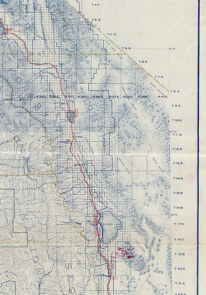 This old map of Topographic Map of the Los Angeles Aqueduct and Adjacent Territory from 1908 was created by  City of Los Angeles Board of Water and Power Commissioners in 1908