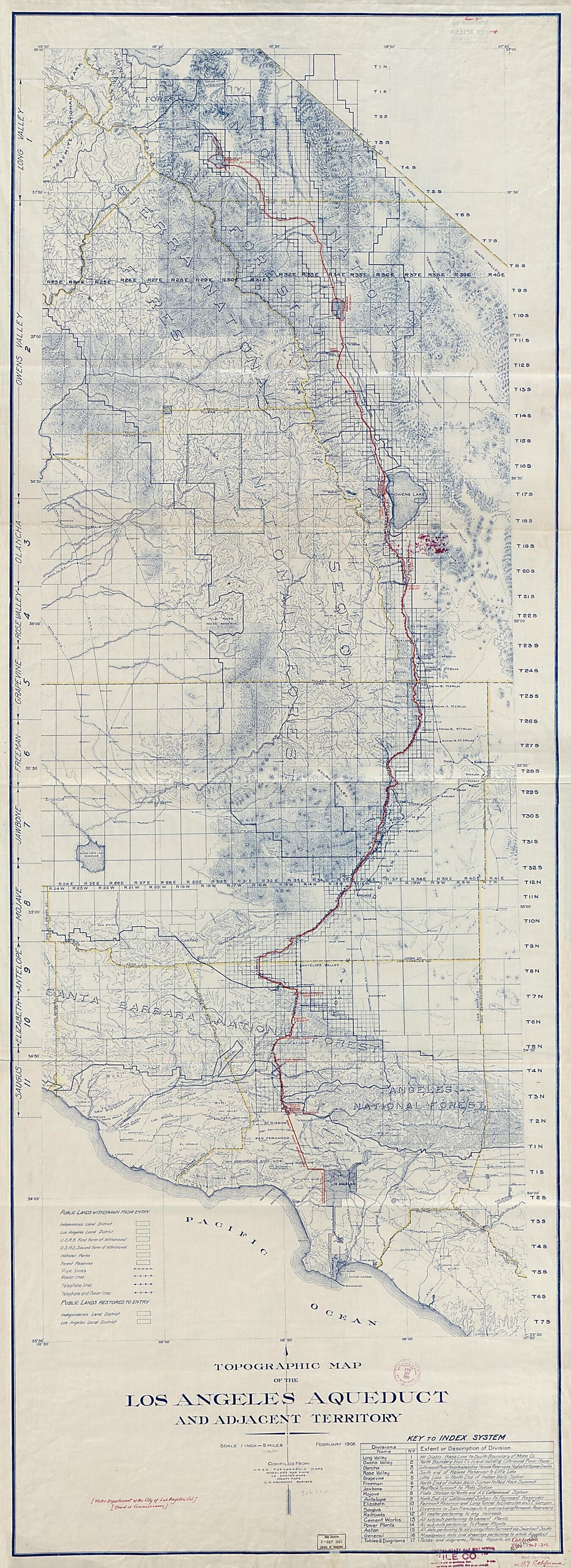 This old map of Topographic Map of the Los Angeles Aqueduct and Adjacent Territory from 1908 was created by City of Los Angeles Board of Water and Power Commissioners in 1908