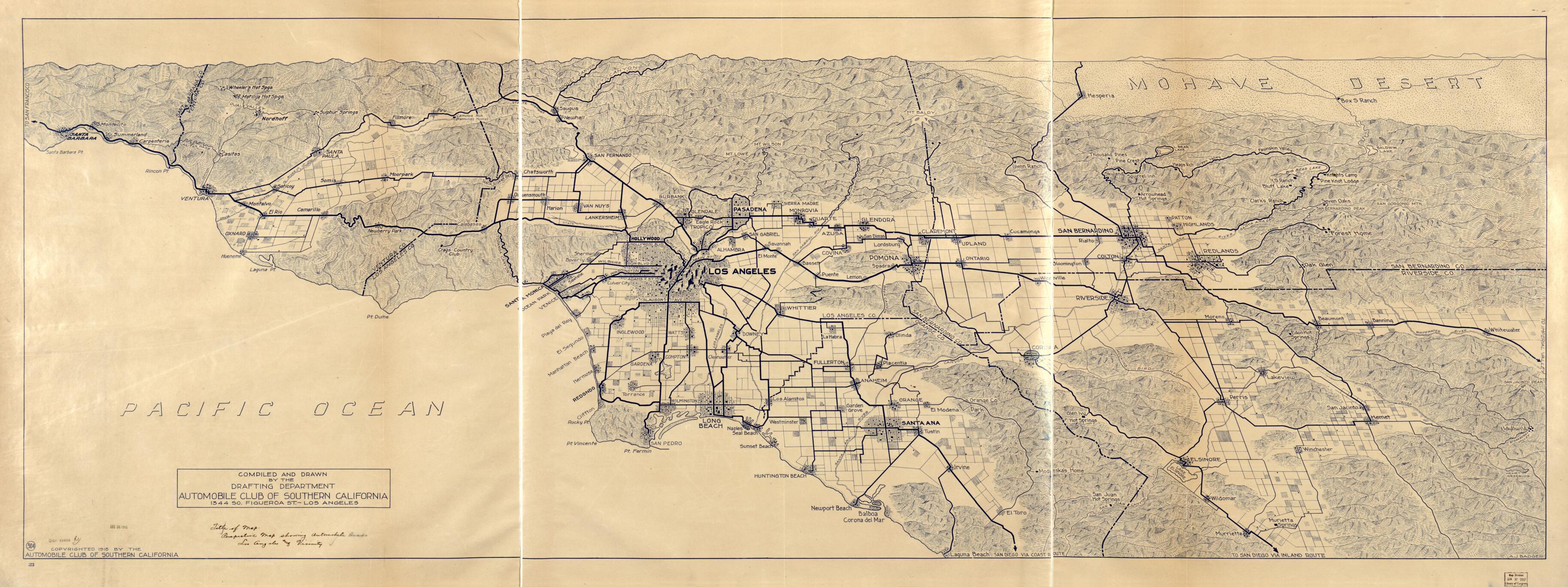 This old map of Map of Los Angeles and the San Gabriel Mountains (Perspective Map Showing Automobile Roads, Los Angeles and Vicinity) from 1915 was created by Automobile Club of Southern California in 1915