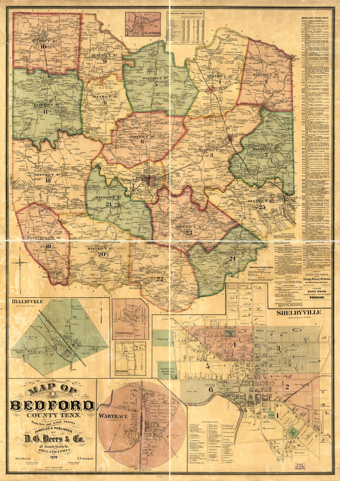 This old map of Map of Bedford County, Tennessee from 1878 was created by D. G. (Daniel G.) Beers, D.G. Beers & Co in 1878