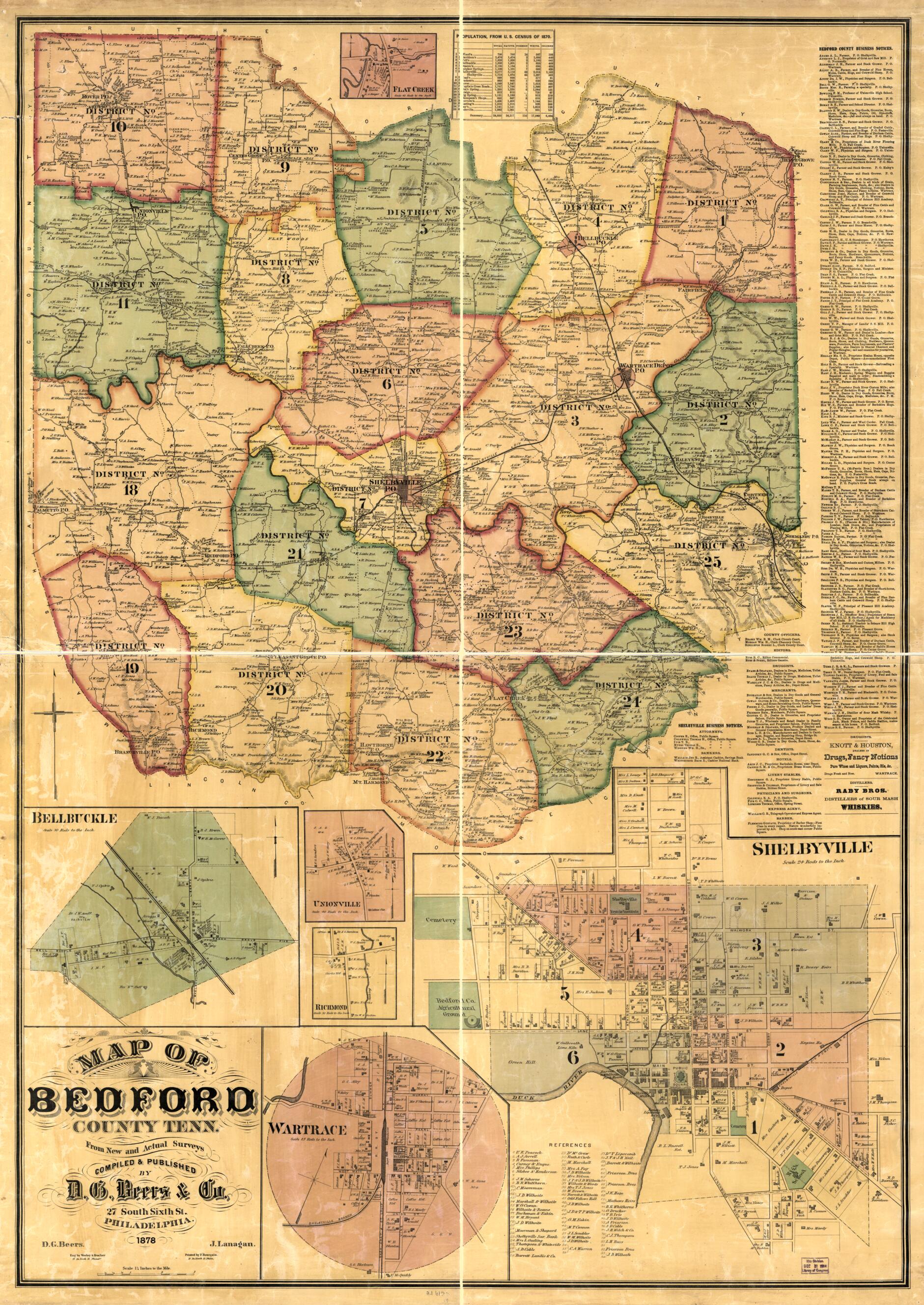 This old map of Map of Bedford County, Tennessee from 1878 was created by D. G. (Daniel G.) Beers, D.G. Beers & Co in 1878