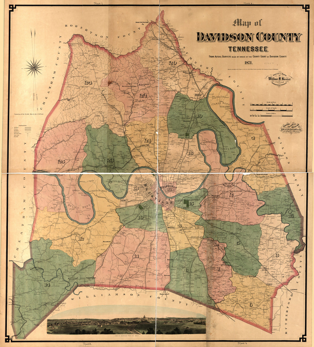 This old map of Map of Davidson County Tennessee, from Actual Surveys Made by Order of the County Court of Davidson County, from 1871 was created by Wilbur F. Foster, G.W. & C.B. Colton & Co in 1871