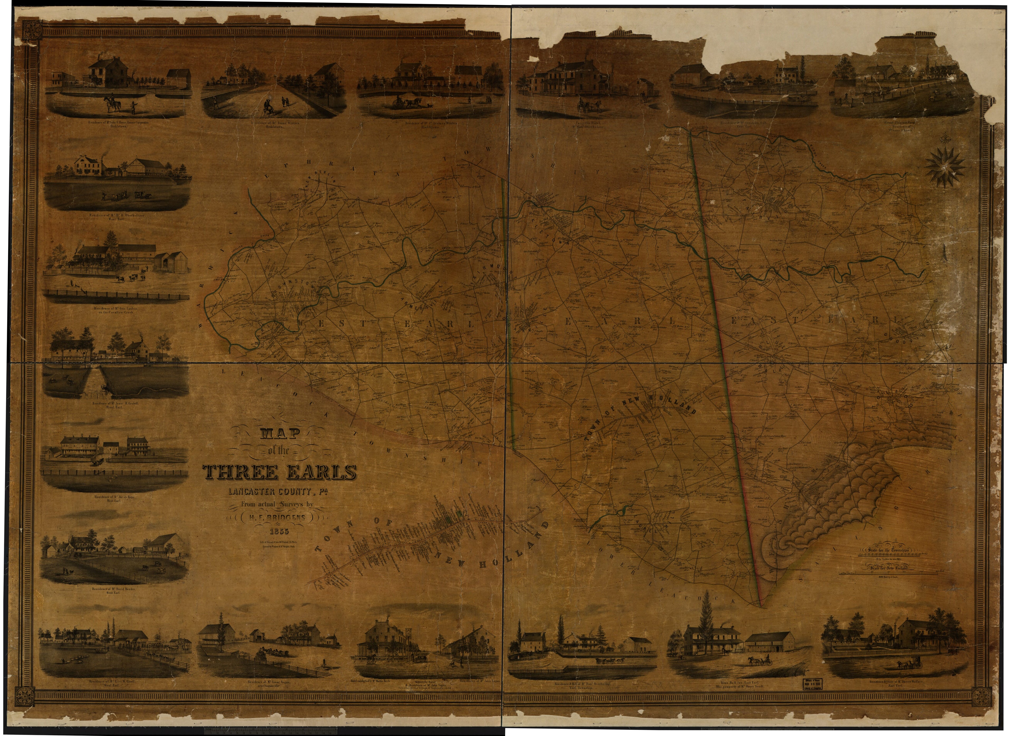 This old map of Map of the Three Earls, Lancaster County, Pennsylvania : from Actual Surveys from 1855 was created by H. F. (Henry F.) Bridgens in 1855