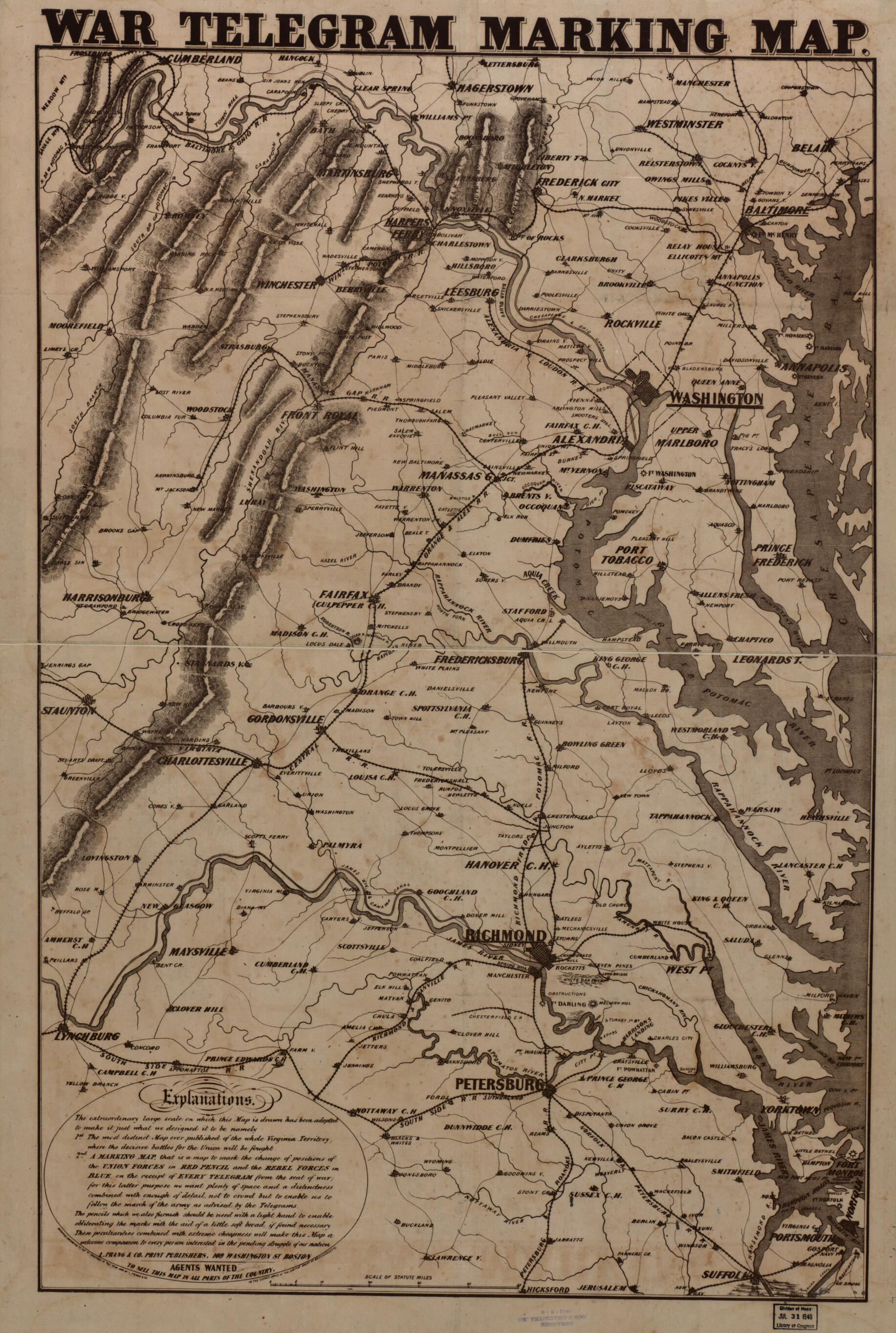 This old map of War Telegram Marking Map from 1862 was created by Louis Prang and Company in 1862