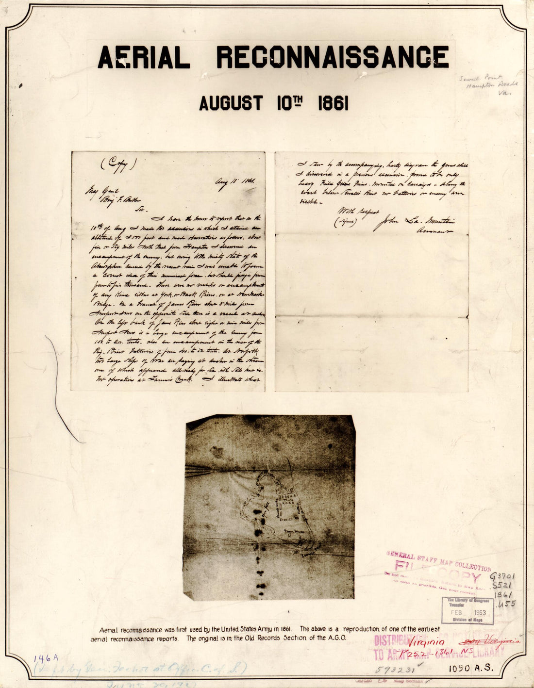 This old map of Aerial Reconnaissance, August 10th, from 1861 : Sewells Point, Virginia was created by John La Mountain in 1861