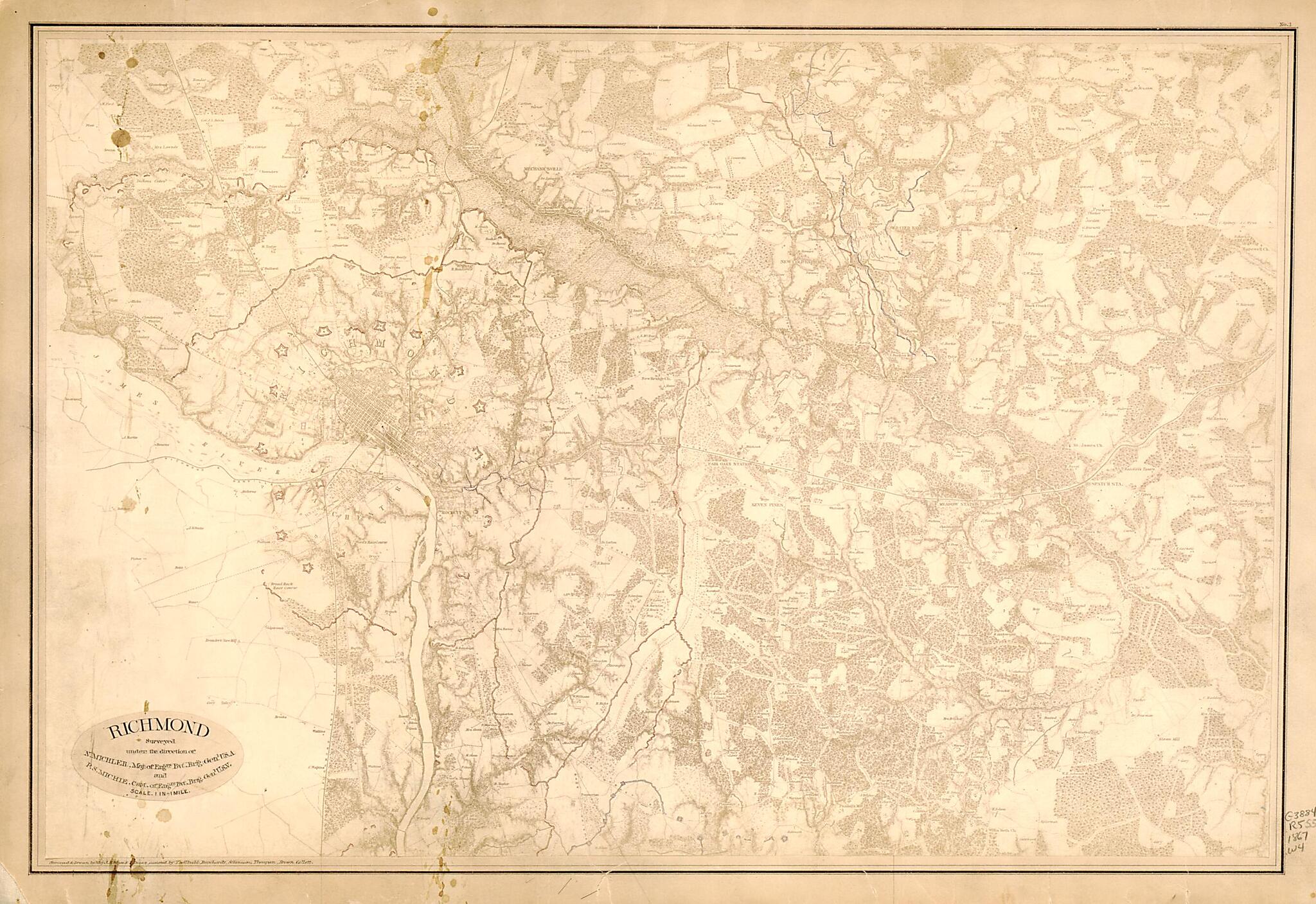 This old map of Richmond : Surveyed Under the Direction of N. Michler, Maj. of Engrs. Bvt. Brig. Genl., U.S.A. and P.S. Michie, Capt. of Engrs. Bvt. Brig. Genl. U.S.V from 1865 was created by J. E. Weyss in 1865