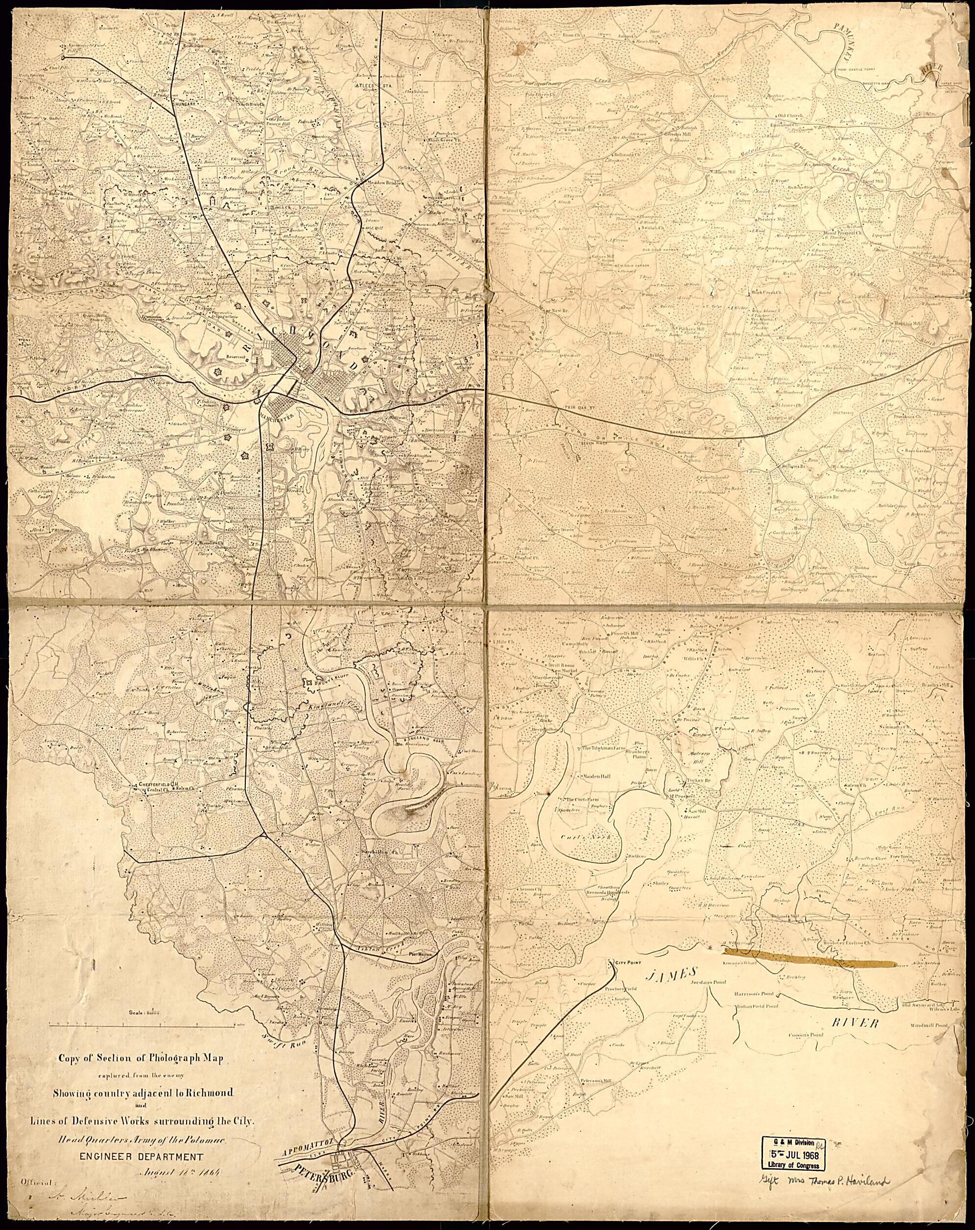 This old map of Copy of Section of Photograph Map Captured from the Enemy, Showing Country Adjacent to Richmond and Lines of Defensive Works Surrounding the City from 1864 was created by United States. Army of the Potomac. Engineer Department in 1864