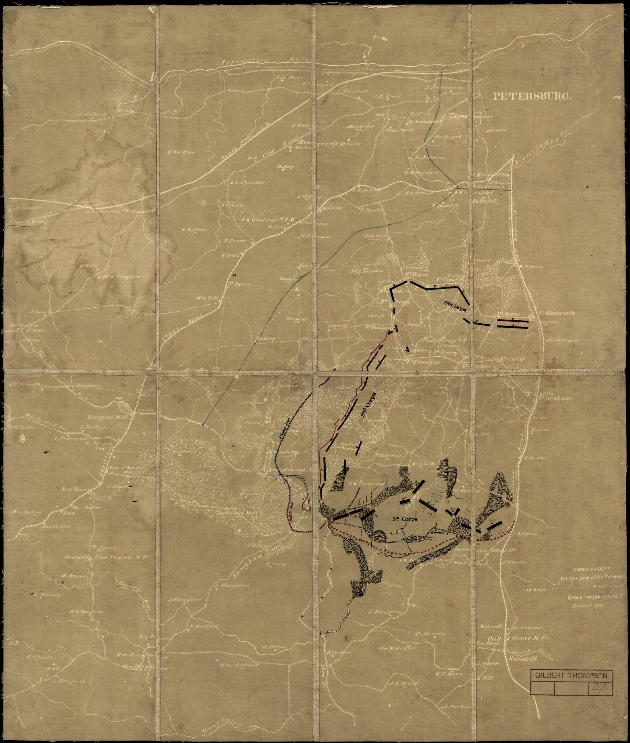 This old map of Petersburg from 1864 was created by N. (Nathaniel) Michler, United States. Army of the Potomac. Engineer Department in 1864