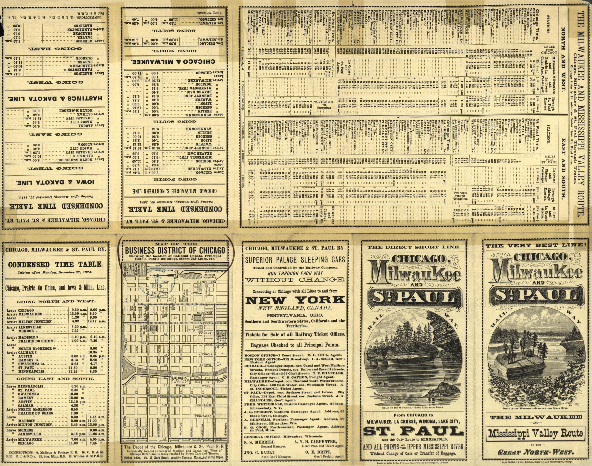 This old map of Chicago, Milwaukee, and St. Paul Railway (Very Best Line! Chicago, Milwaukee, and St. Paul Railway) from 1874 was created by Milwaukee Chicago, Rand McNally and Company in 1874