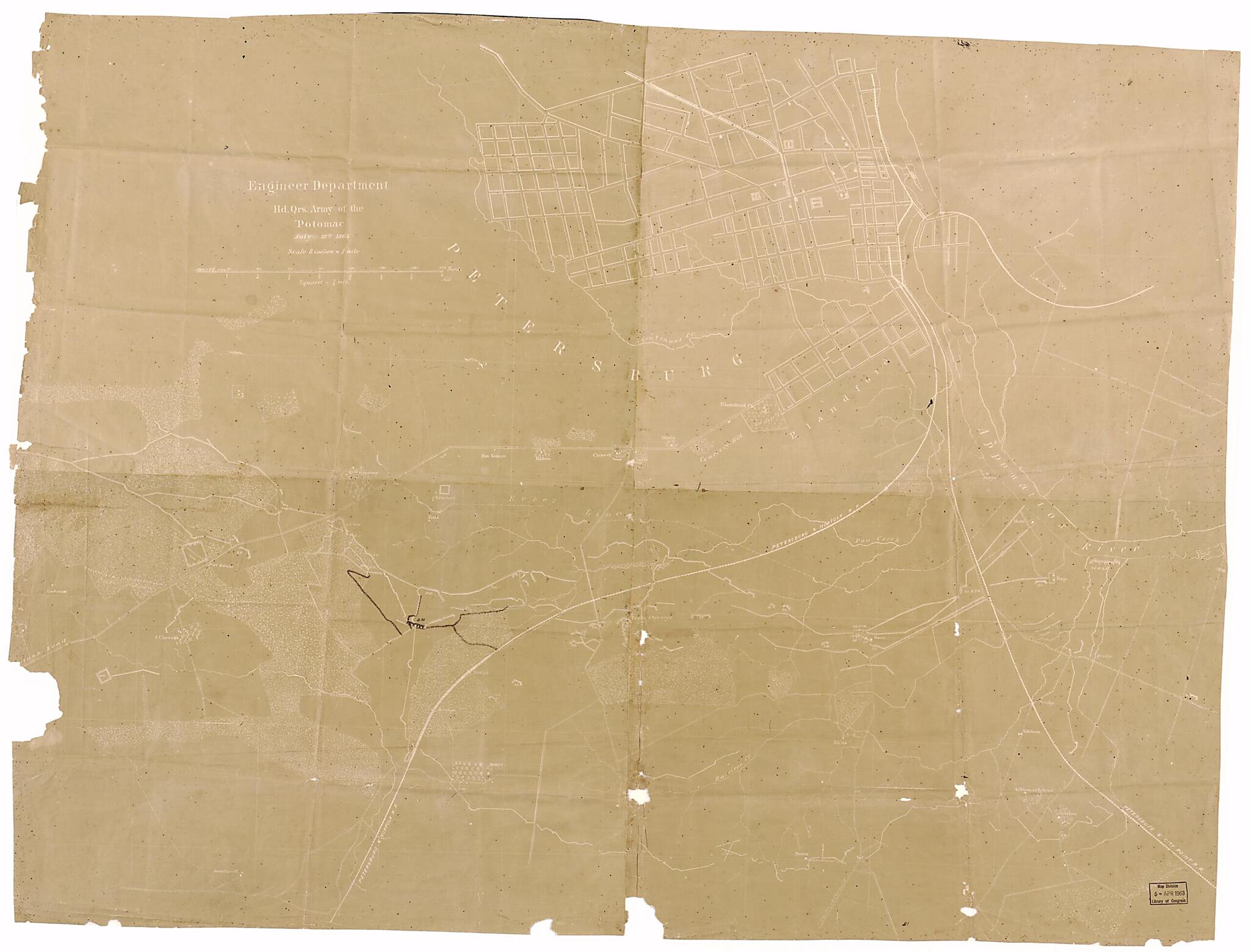 This old map of Map of the Environs of Petersburg from the Appomattox River to the Jerusalem Plank Road Showing Entrenchments Occupied by Federal Forces from 1864 was created by United States. Army of the Potomac. Engineer Department in 1864