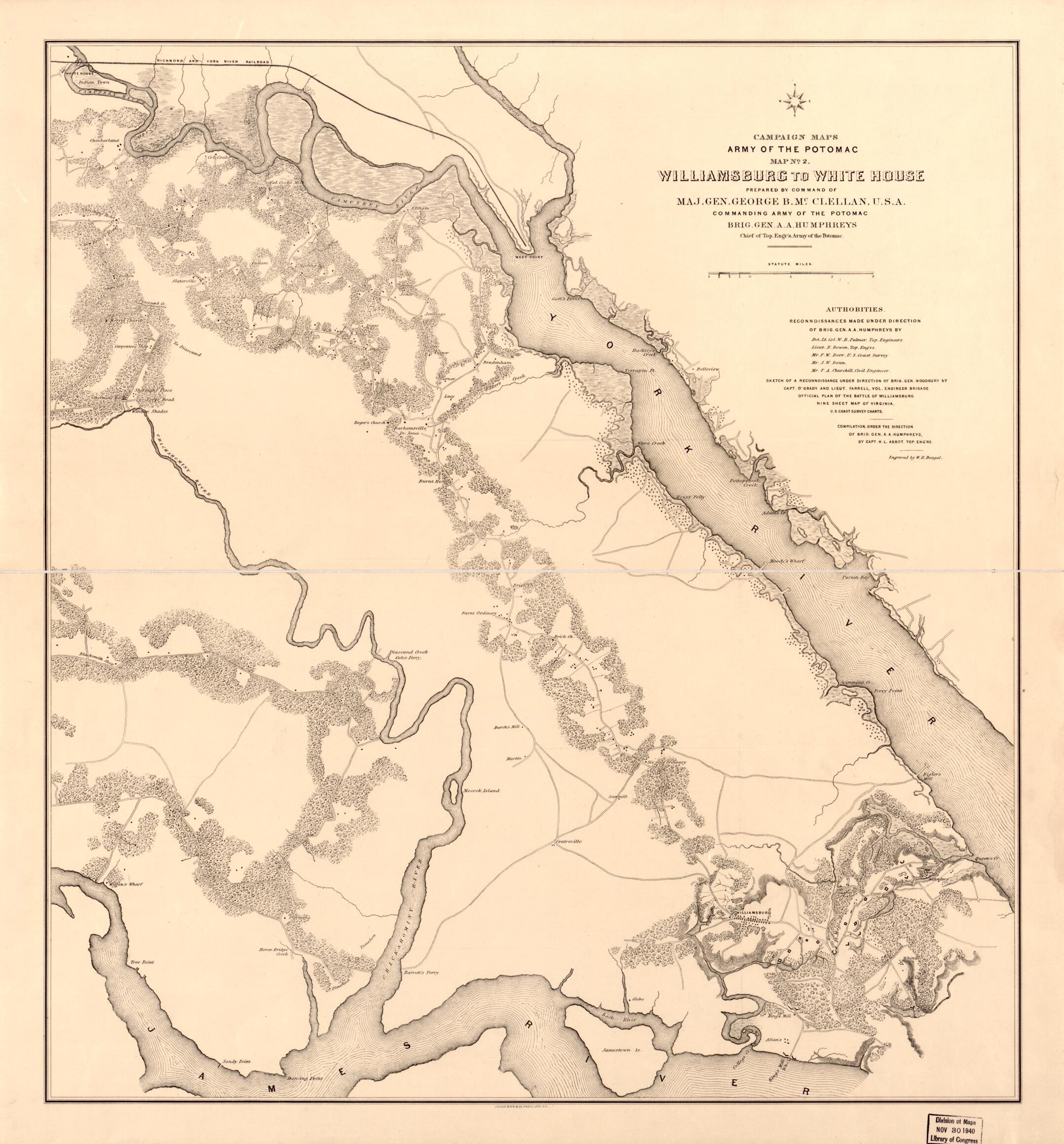 This old map of Williamsburg to White House from 1862 was created by Henry L. Abbot, Julius Bien & Co in 1862