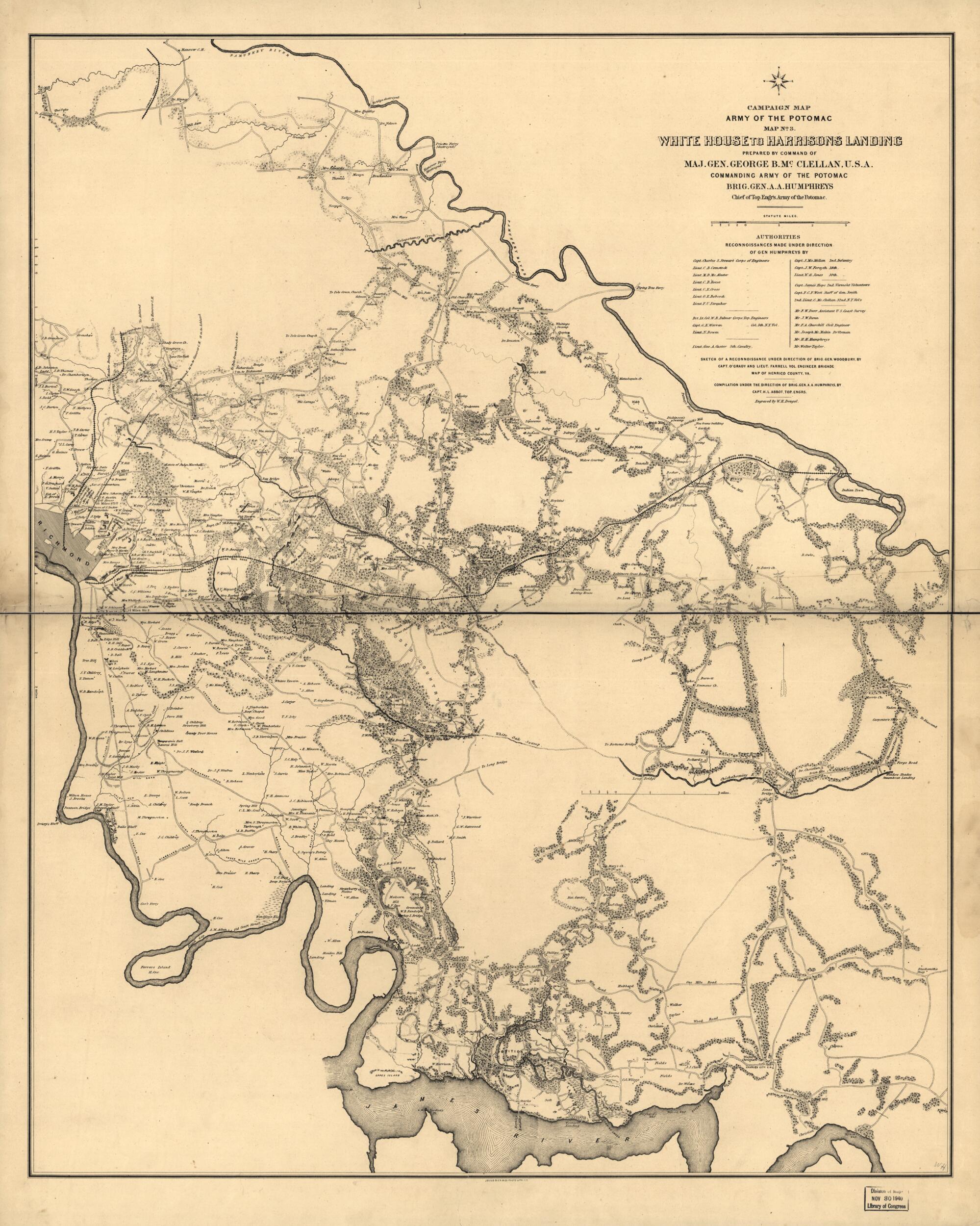 This old map of White House to Harrisons Landing from 1862 was created by Henry L. Abbot in 1862