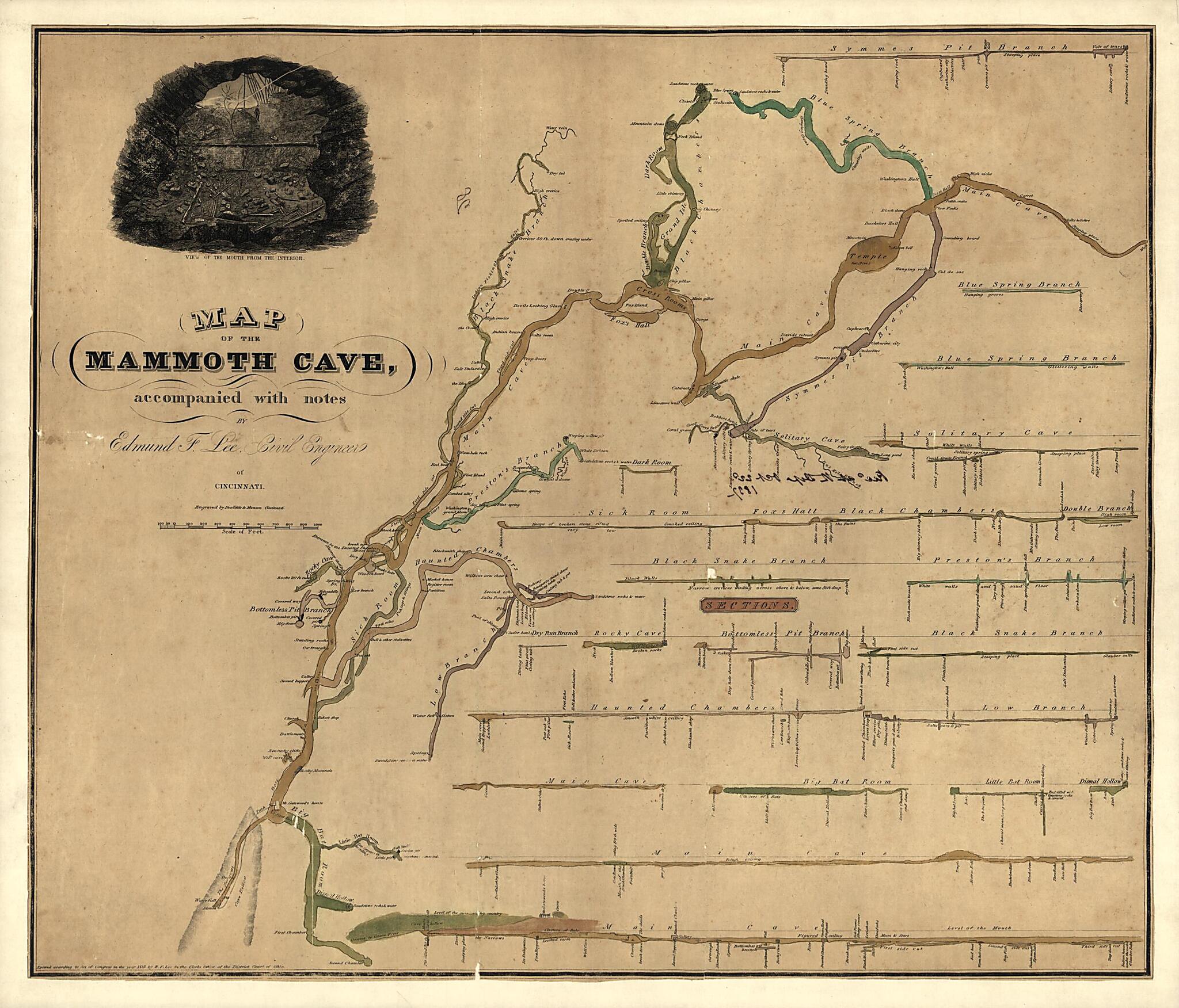 This old map of Map of the Mammoth Cave : Accompanied With Notes from 1835 was created by Doolittle & Munson, Edmund F. Lee in 1835