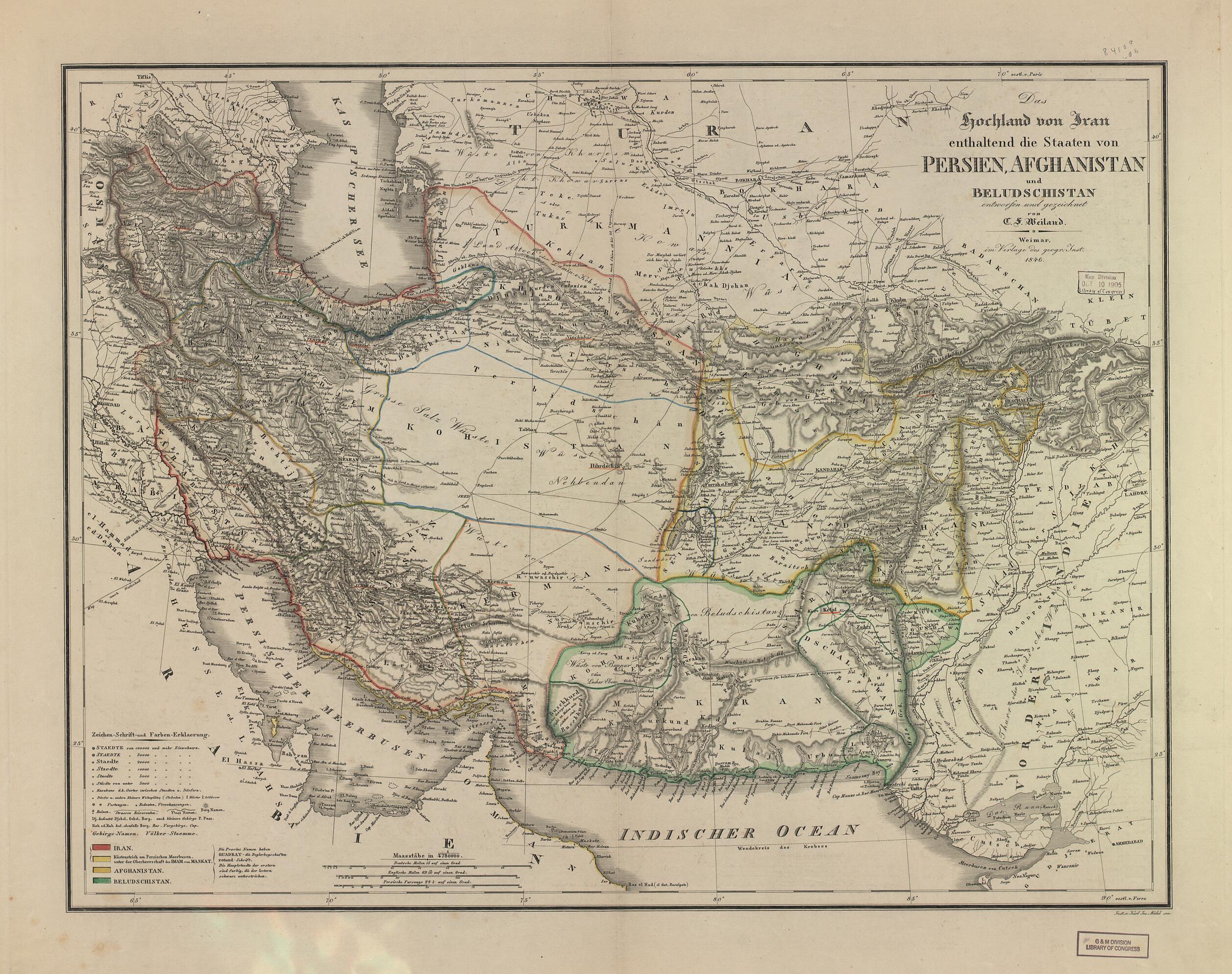 This old map of Das Hochland Von Iran Enthaltend Die Staaten Von Persien, Afghanistan Und Beludschistan from 1846 was created by Thuringia Geographisches Institut (Weimar, C. F. (Carl Ferdinand) Weiland in 1846