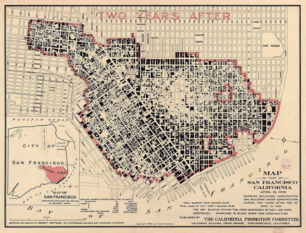 Map of Part of San Francisco, California, April 18, 1908 : Showing Buildings Constructed and Buildings Under Construction During Two Years After Fire of April 18, 1906. (Two Years After) by Relic Map Company