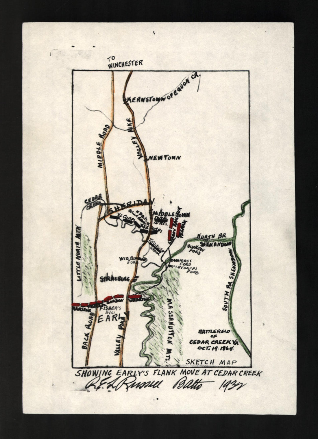 This old map of Battlefield of Cedar Creek, Va., Oct. 19, from 1864 : Sketch Map, Showing Early&