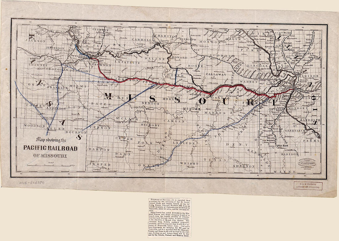 This old map of Map Showing the Pacific Railroad of Missouri from 1865 was created by G.W. & C.B. Colton & Co in 1865