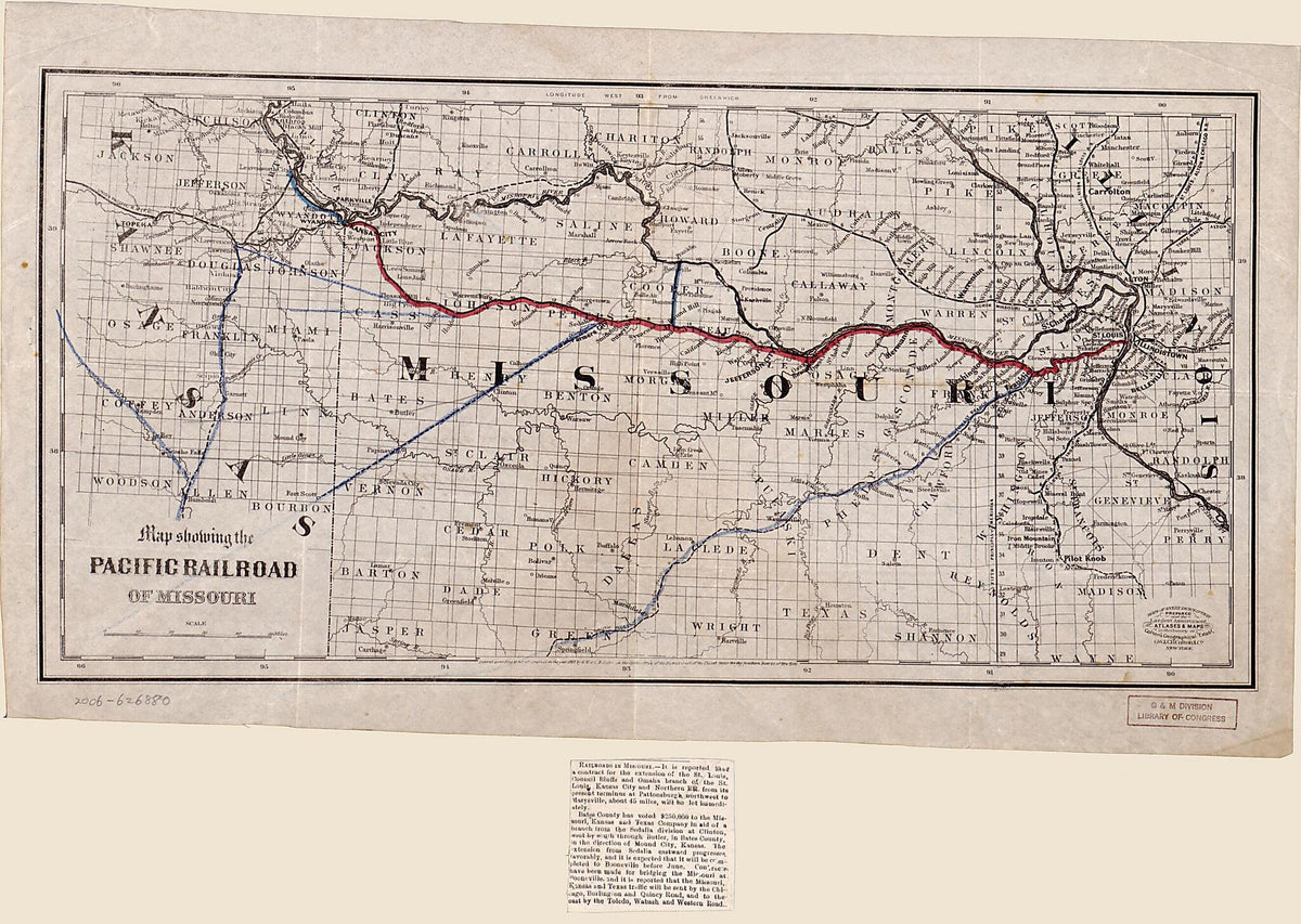 Map Showing the Pacific Railroad of Missouri 1865 by Relic Map Company