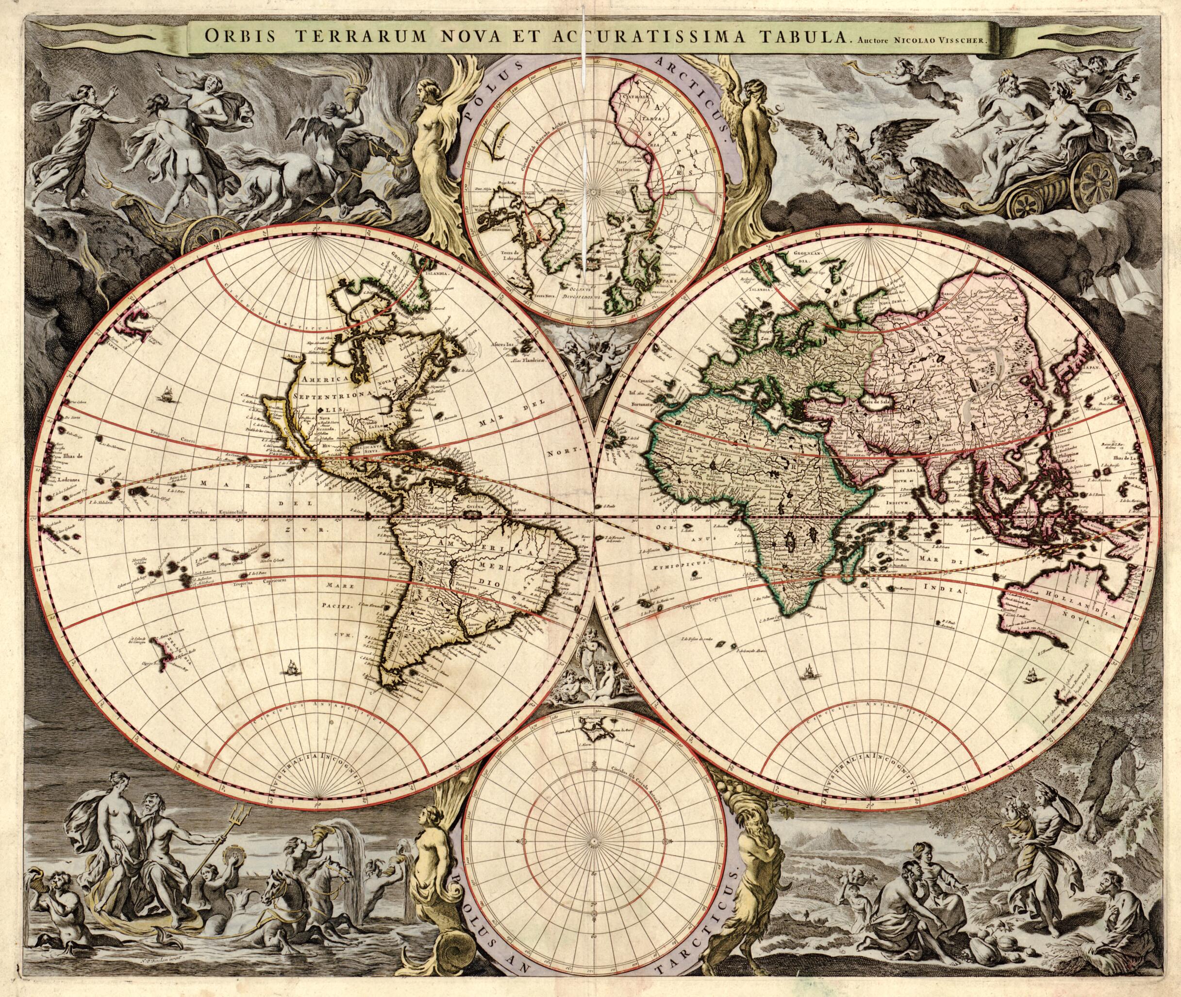 This old map of Orbis Terrarum Nova Et Accuratissima Tabula from 1690 was created by Nicolaes Visscher in 1690