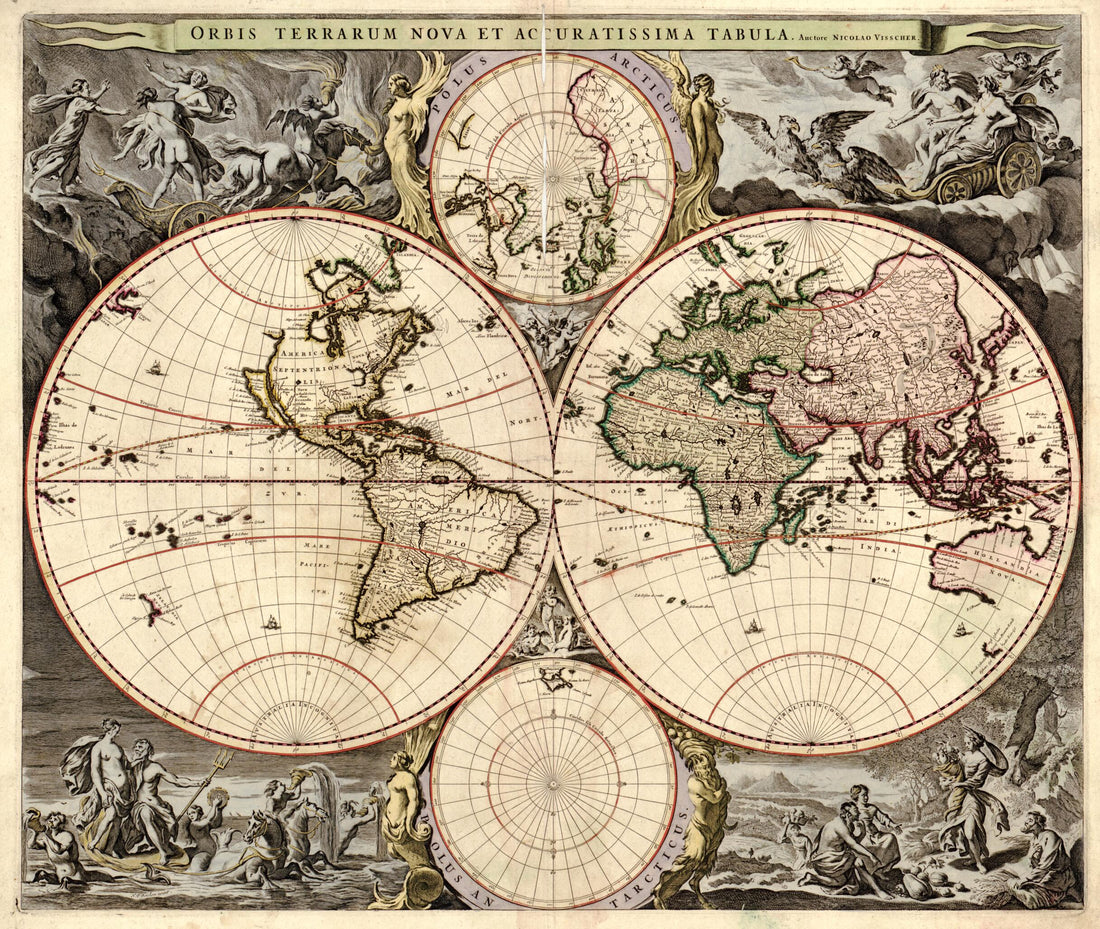 This old map of Orbis Terrarum Nova Et Accuratissima Tabula from 1690 was created by Nicolaes Visscher in 1690