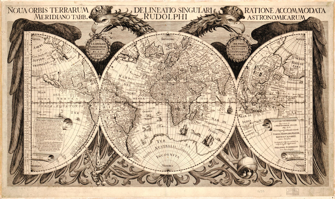 This old map of Noua Orbis Terrarum Delineatio Singulari Ratione Accommodata Meridiano Tabb. Rudolphi Astronomicarum (Nova Orbis Terrarum Delineatio Singulari Ratione Accommodata Meridiano Tabb. Rudolphi Astronomicarum) from 1630 was created by Philipp E