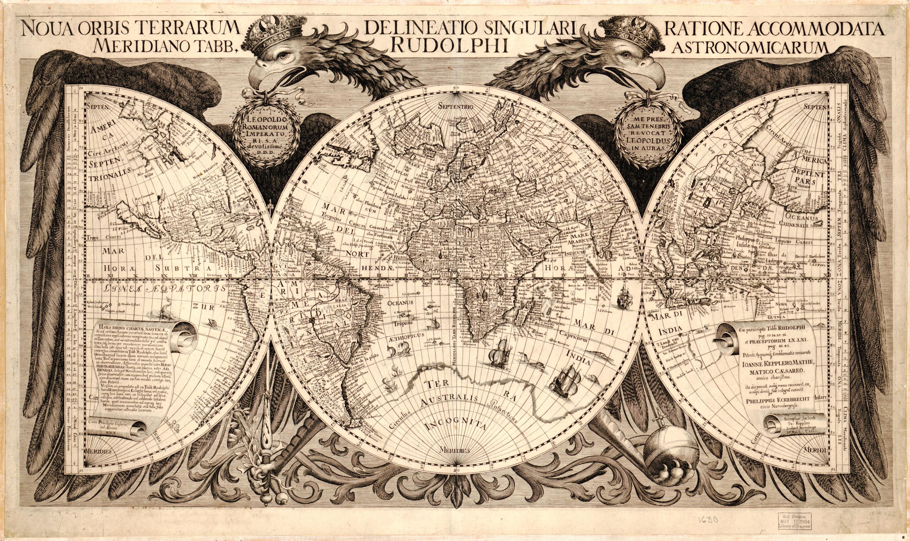 This old map of Noua Orbis Terrarum Delineatio Singulari Ratione Accommodata Meridiano Tabb. Rudolphi Astronomicarum (Nova Orbis Terrarum Delineatio Singulari Ratione Accommodata Meridiano Tabb. Rudolphi Astronomicarum) from 1630 was created by Philipp E