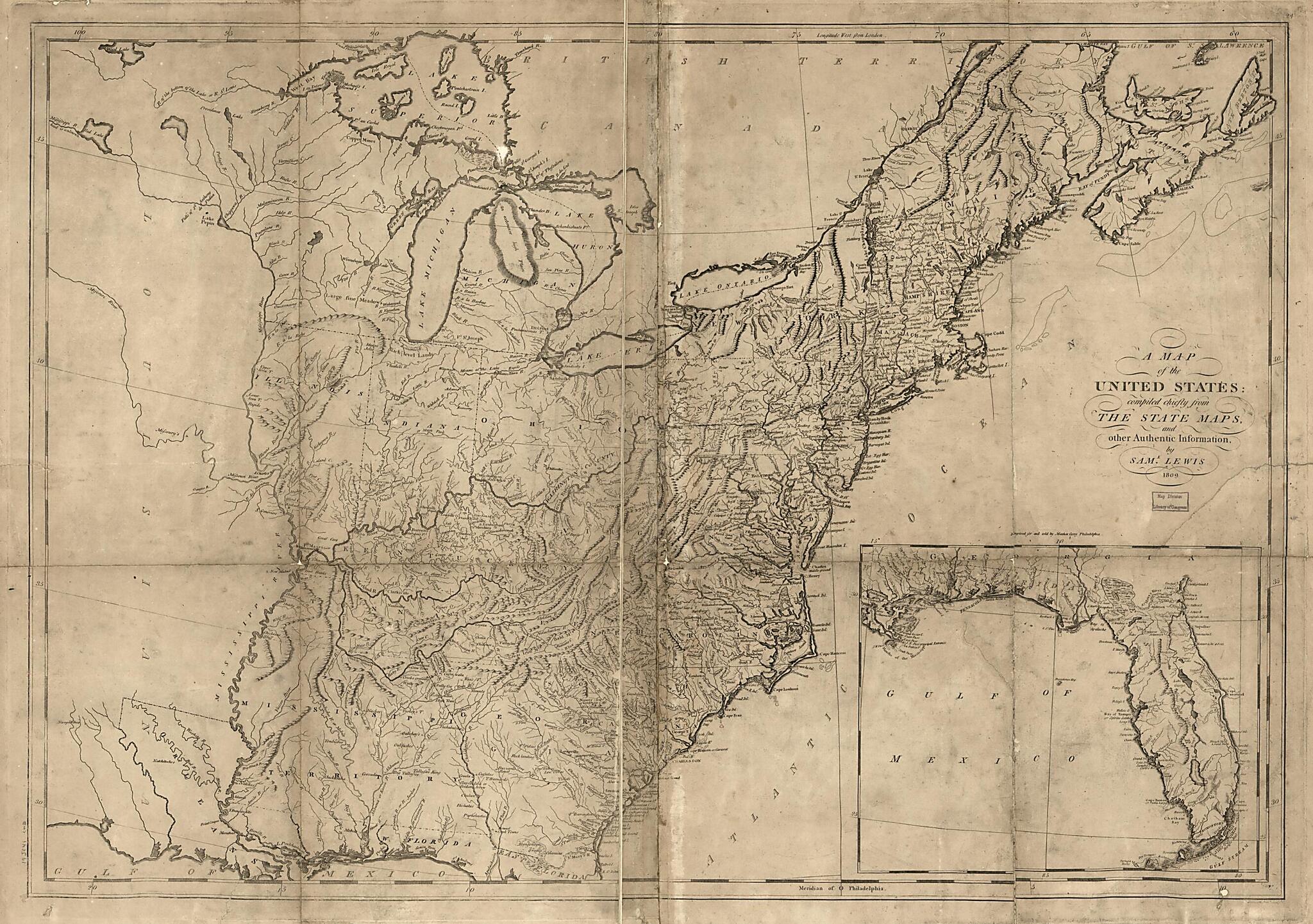 This old map of A Map of the United States : Compiled Chiefly from the State Maps and Other Authentic Information from 1809 was created by Mathew Carey, William Harrison, Samuel Lewis in 1809