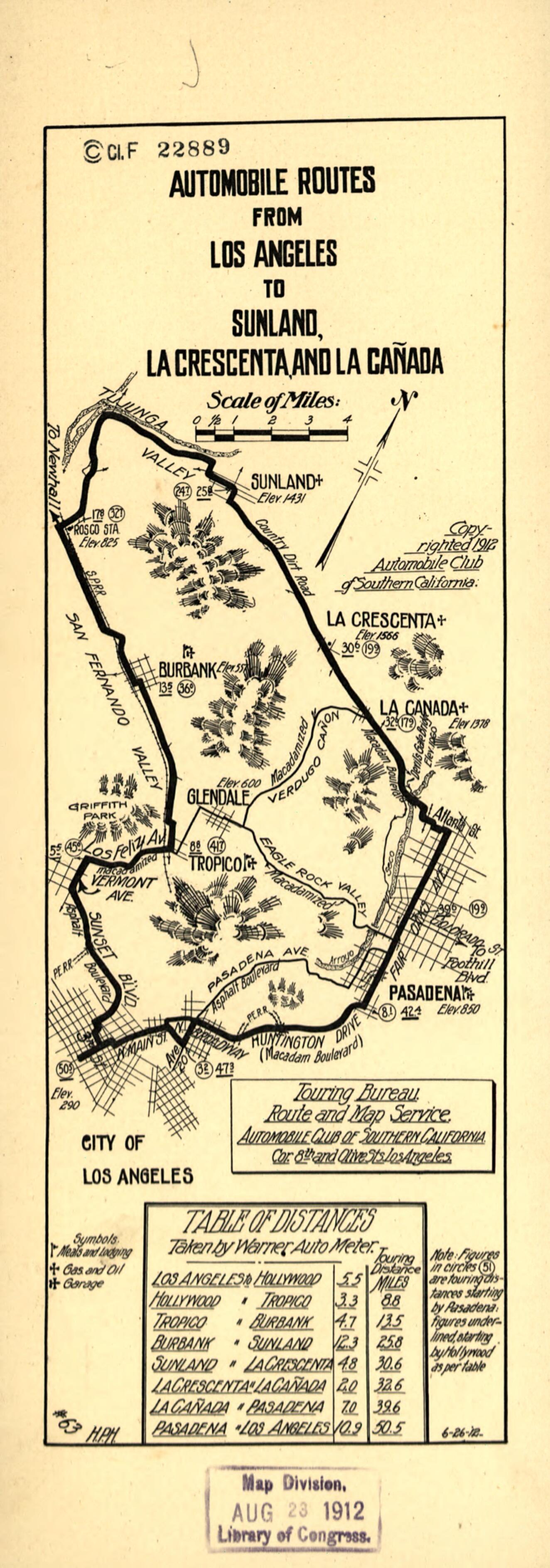 This old map of Automobile Routes from Los Angeles to Sunland, La Crescenta, and La Cañada from 1912 was created by Automobile Club of Southern California in 1912