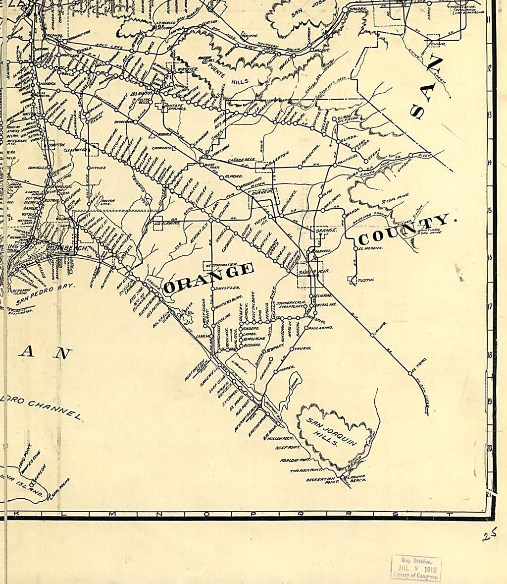 This old map of Map of Los Angeles County : Electric, Steam Railway Lines, and Mountain Guide and Also Portion of Orange County from 1912 was created by T. Newman in 1912